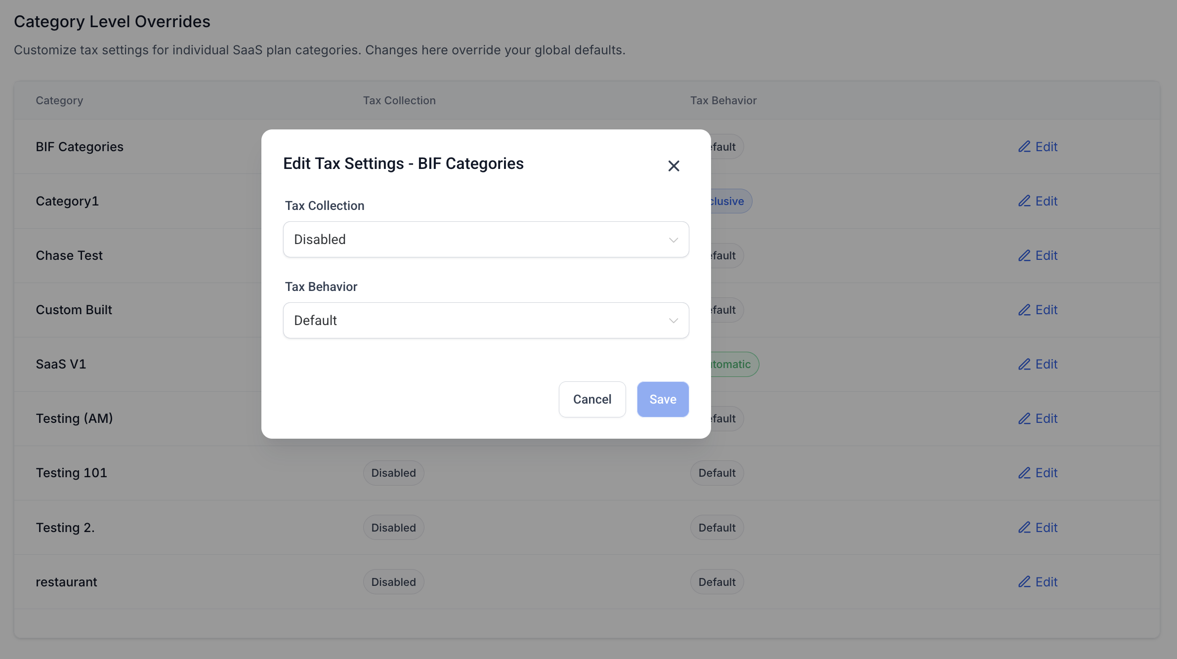 SaaS automatic tax settings showing category-level tax overrides