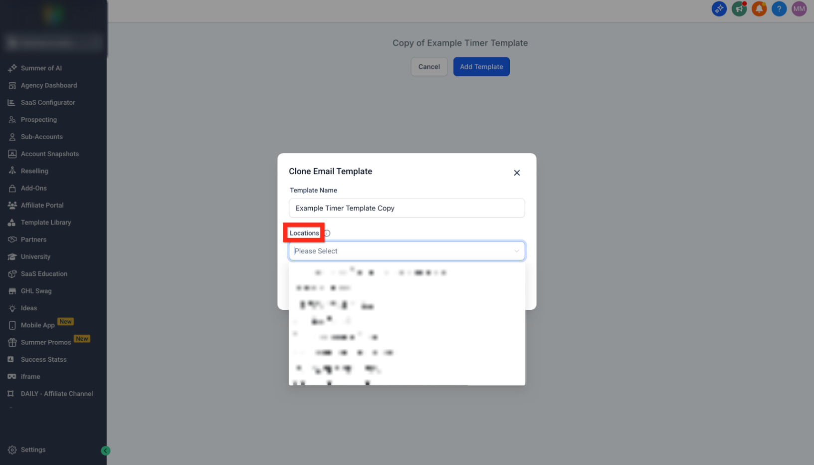 Countdown Timer Placeholder settings showing available timers in the destination sub-account