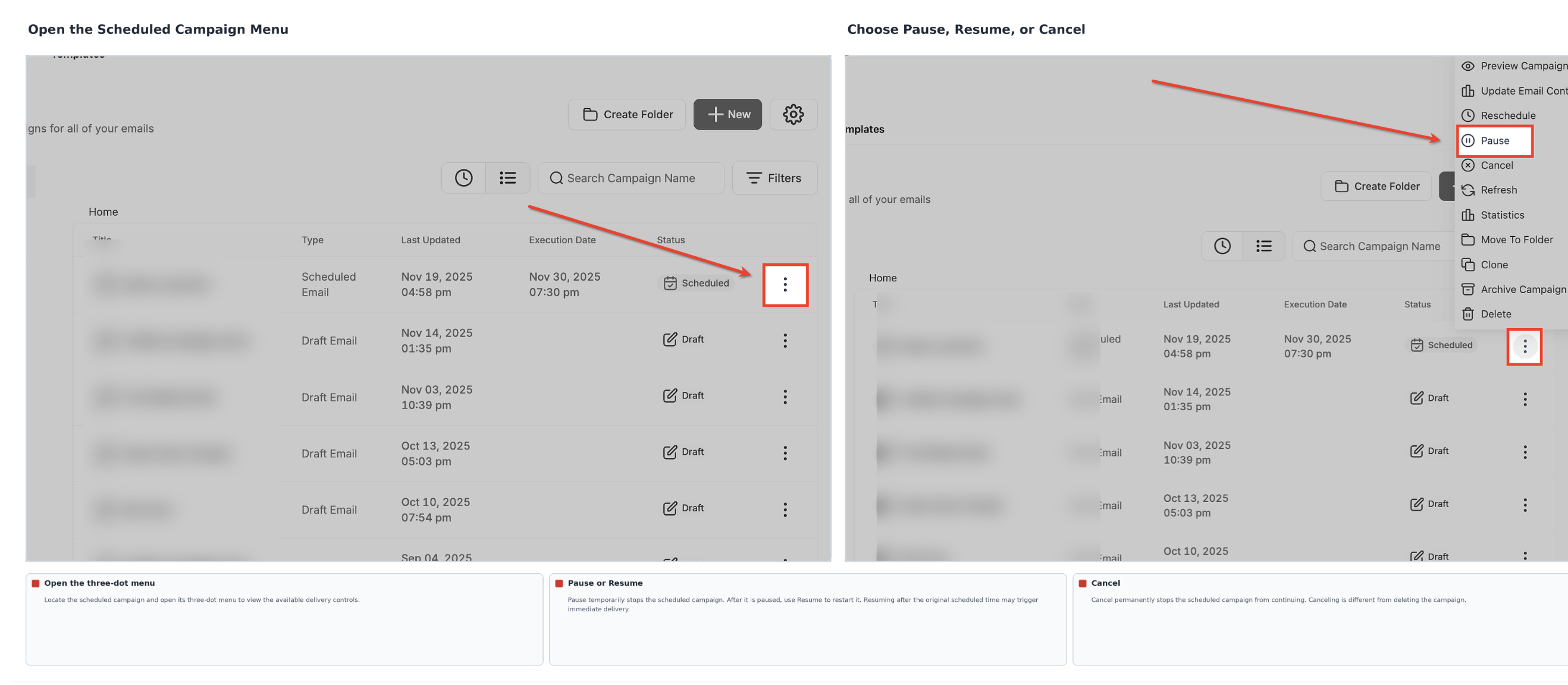 Email Campaigns action menu showing how to pause, resume, reschedule, or cancel a scheduled campaign