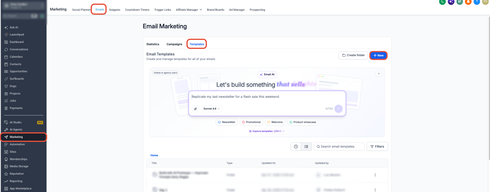 Email Templates page showing the New button