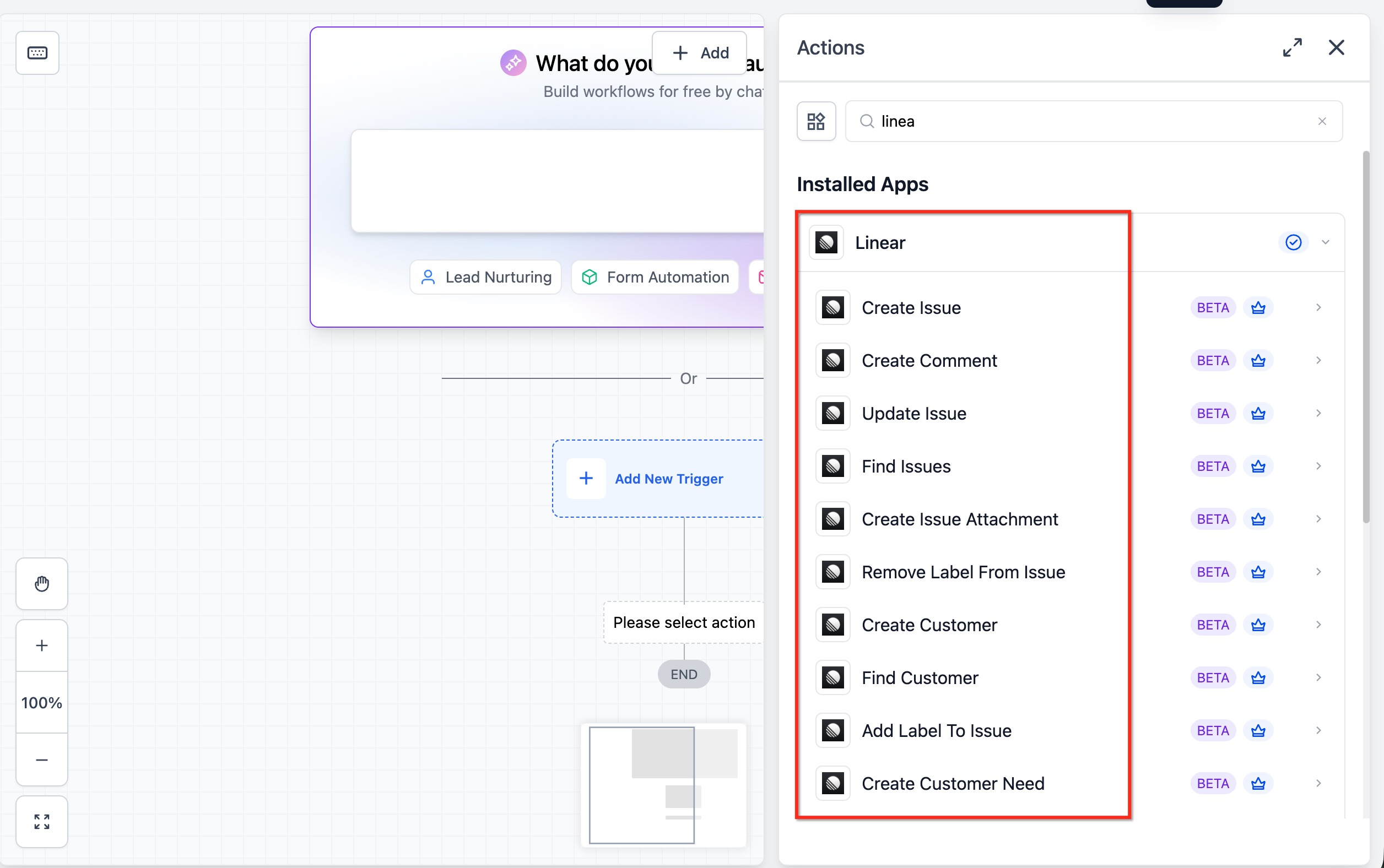 Selecting a Linear trigger or action in the Workflow Builder