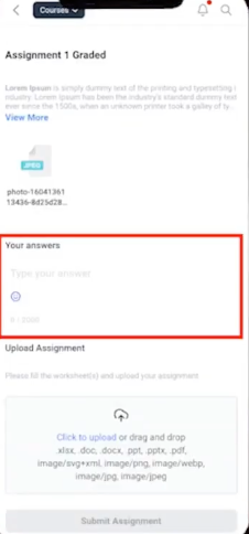 Mobile assignment screen showing a written response field, file upload area, and Submit Assignment button