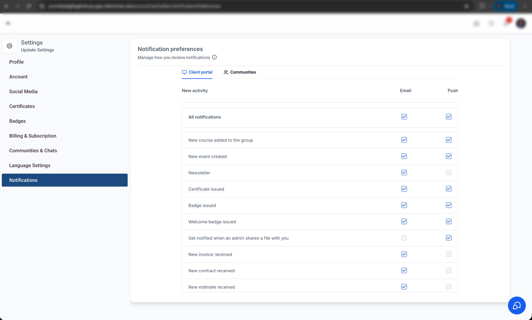 Client Portal notification preferences screen showing email and push notification controls for supported events