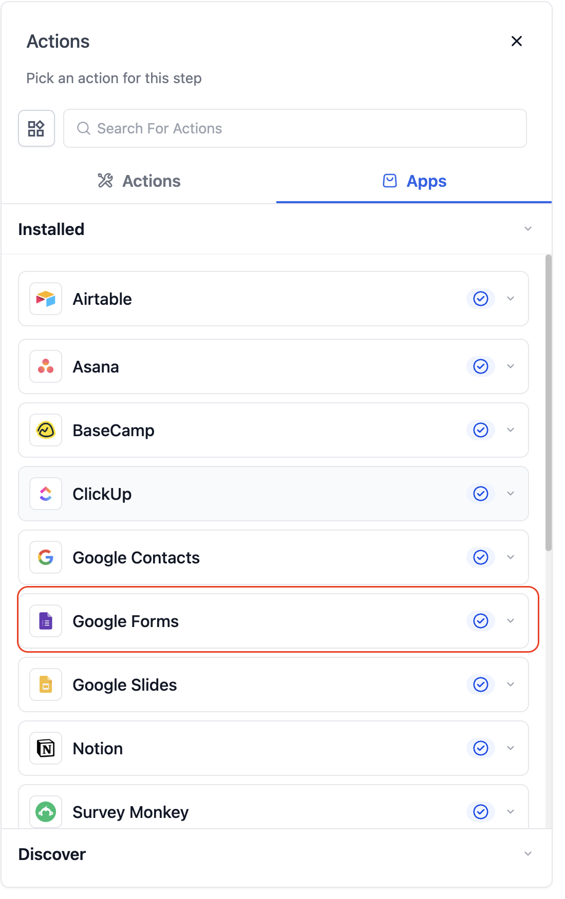 Google Forms option in the workflow builder