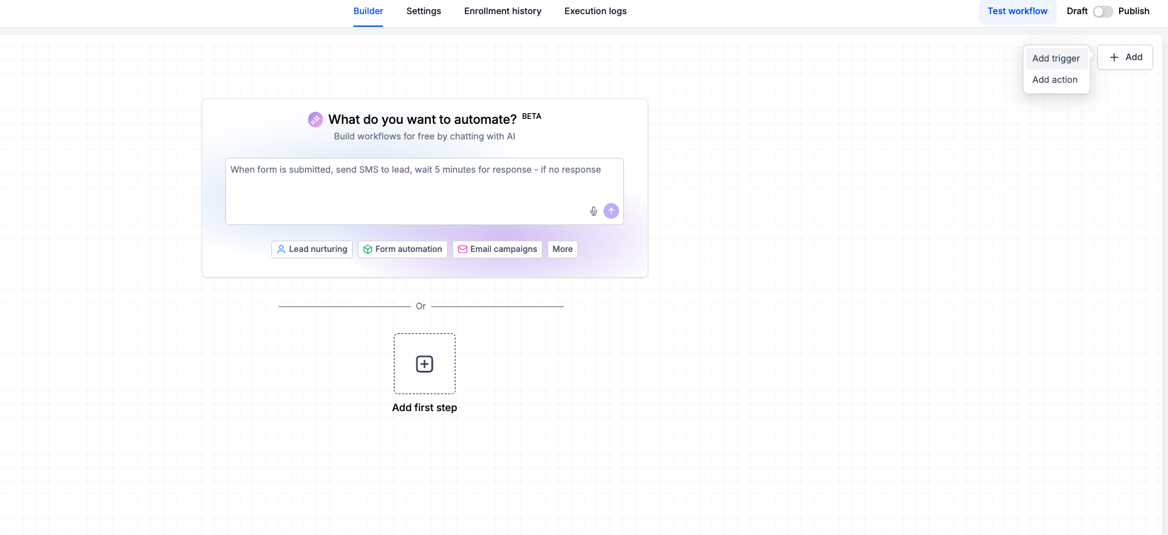 Workflow Builder showing Add trigger and Add action options