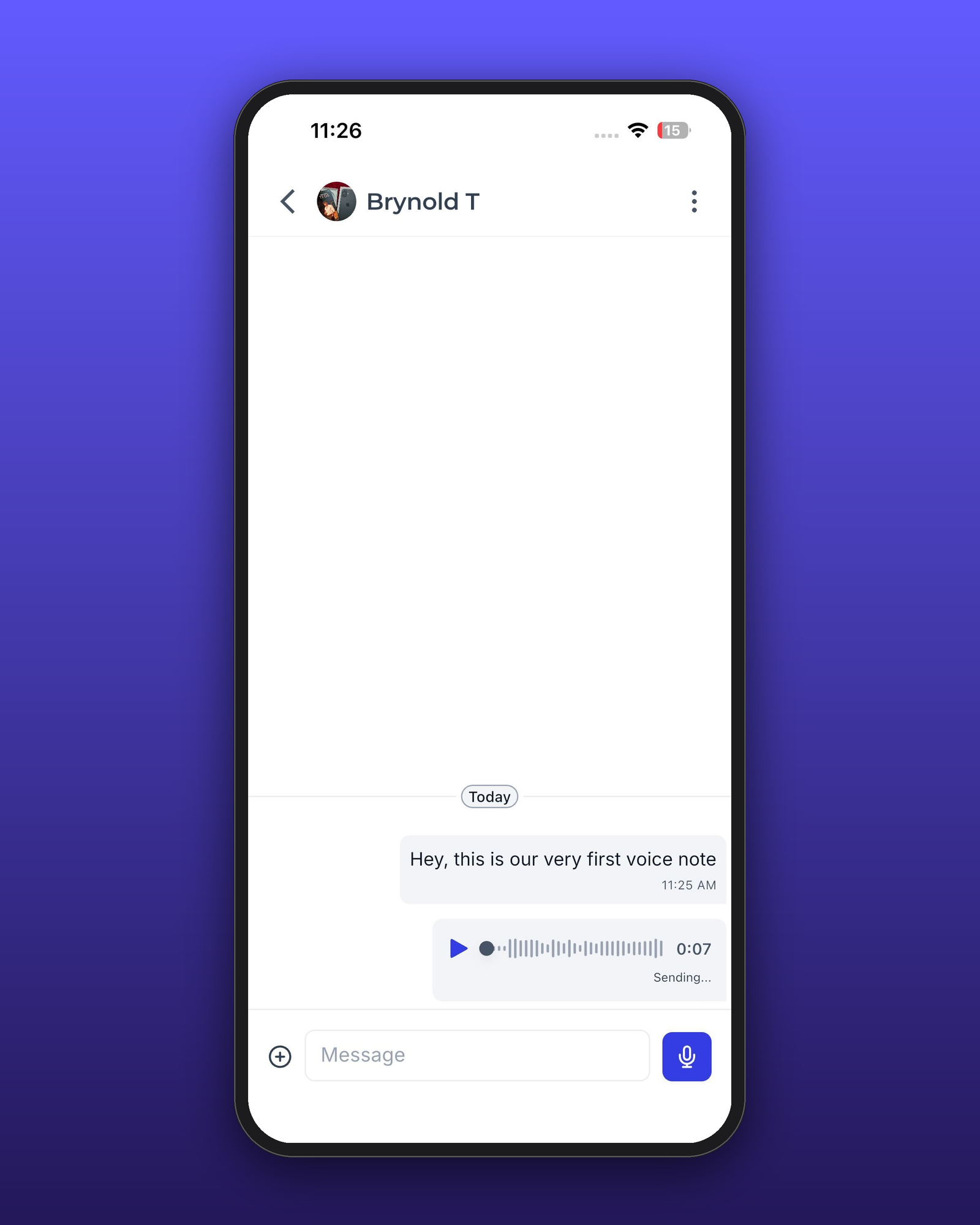 Mobile community chat showing a recorded Voice Note appearing in the conversation with a sending status