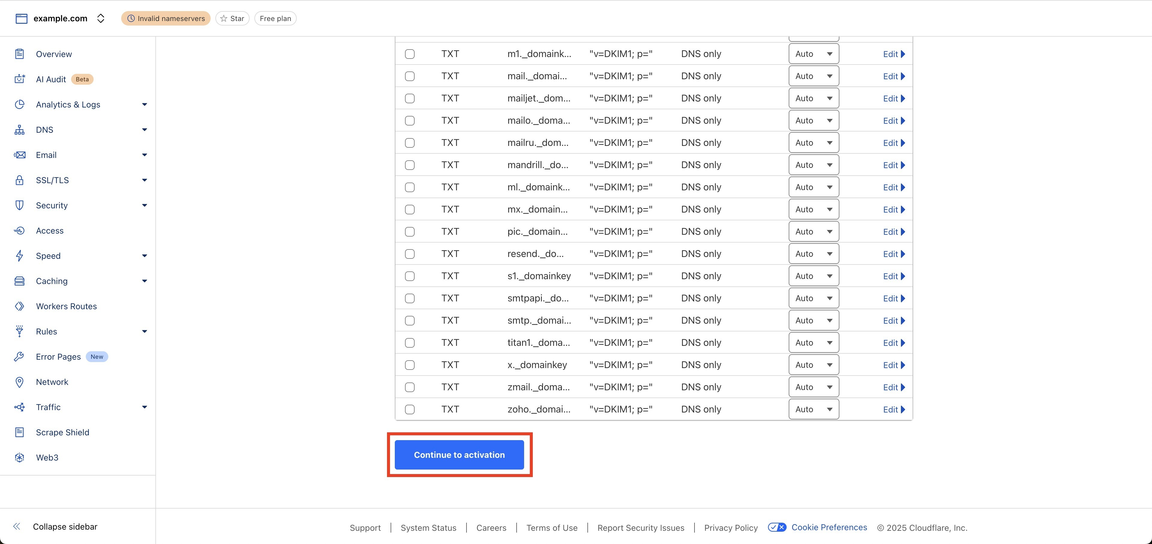 Cloudflare DNS records page with Continue to Activation highlighted