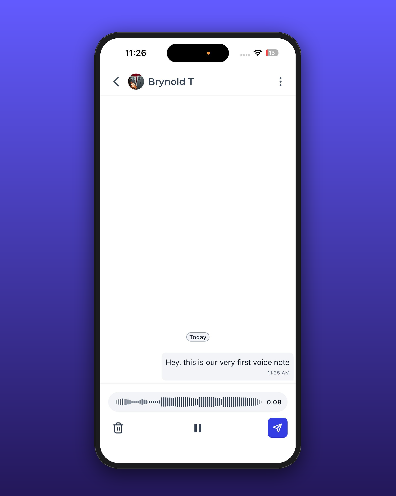 Mobile community chat showing an active Voice Note recording, waveform, pause control, and Send button