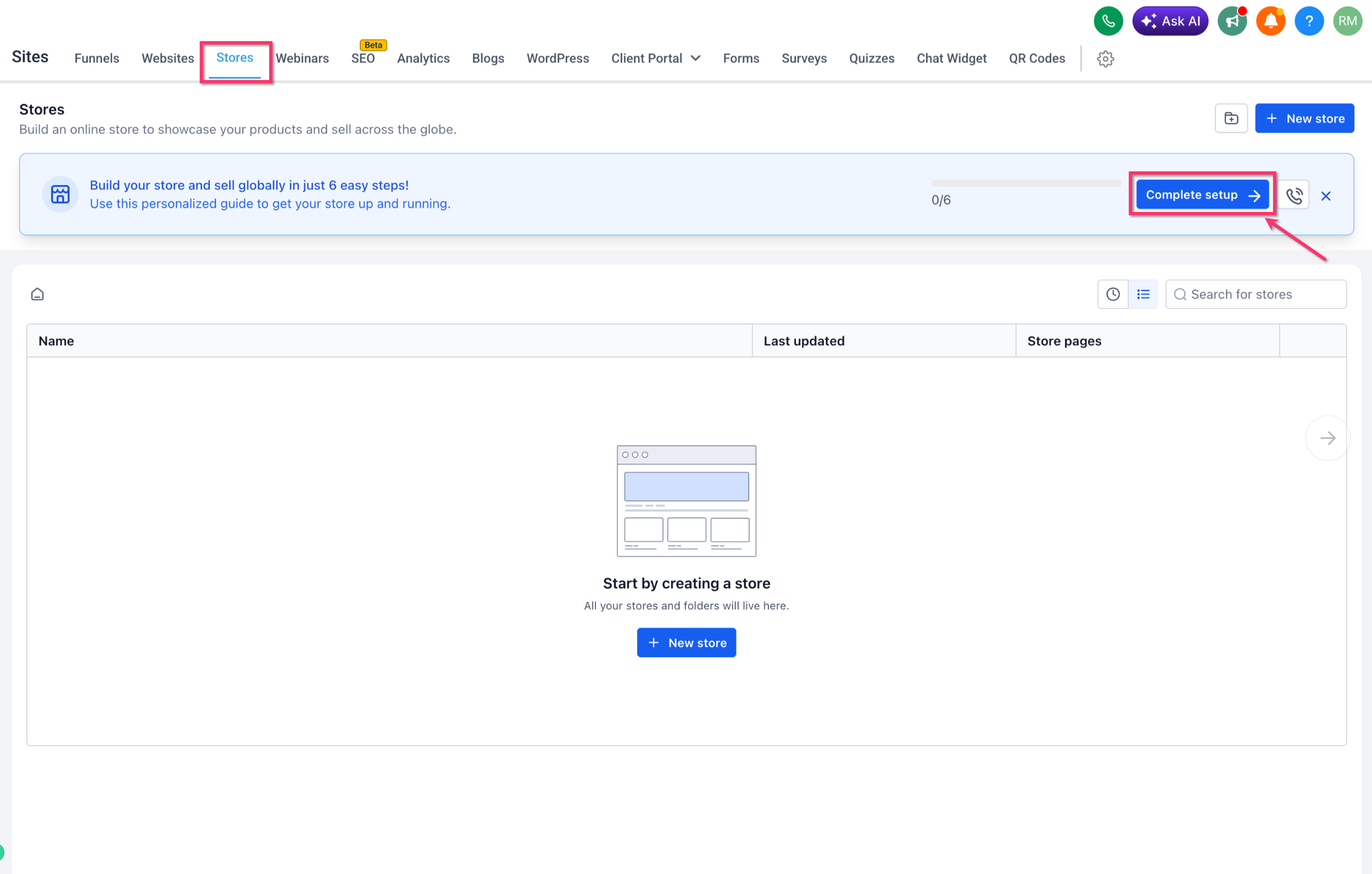 Stores page showing the Complete Setup option for guided Store onboarding