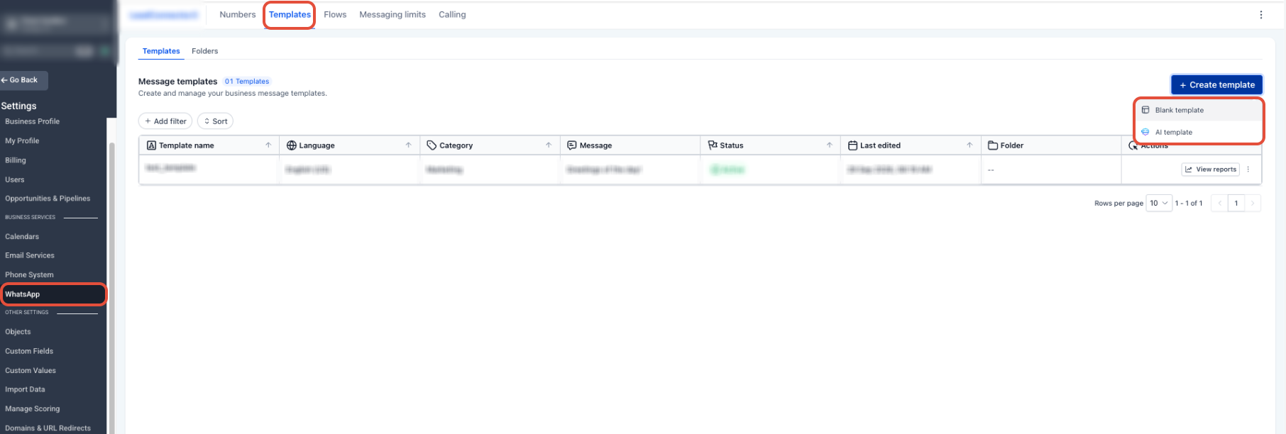 WhatsApp settings showing the Templates tab and template creation options