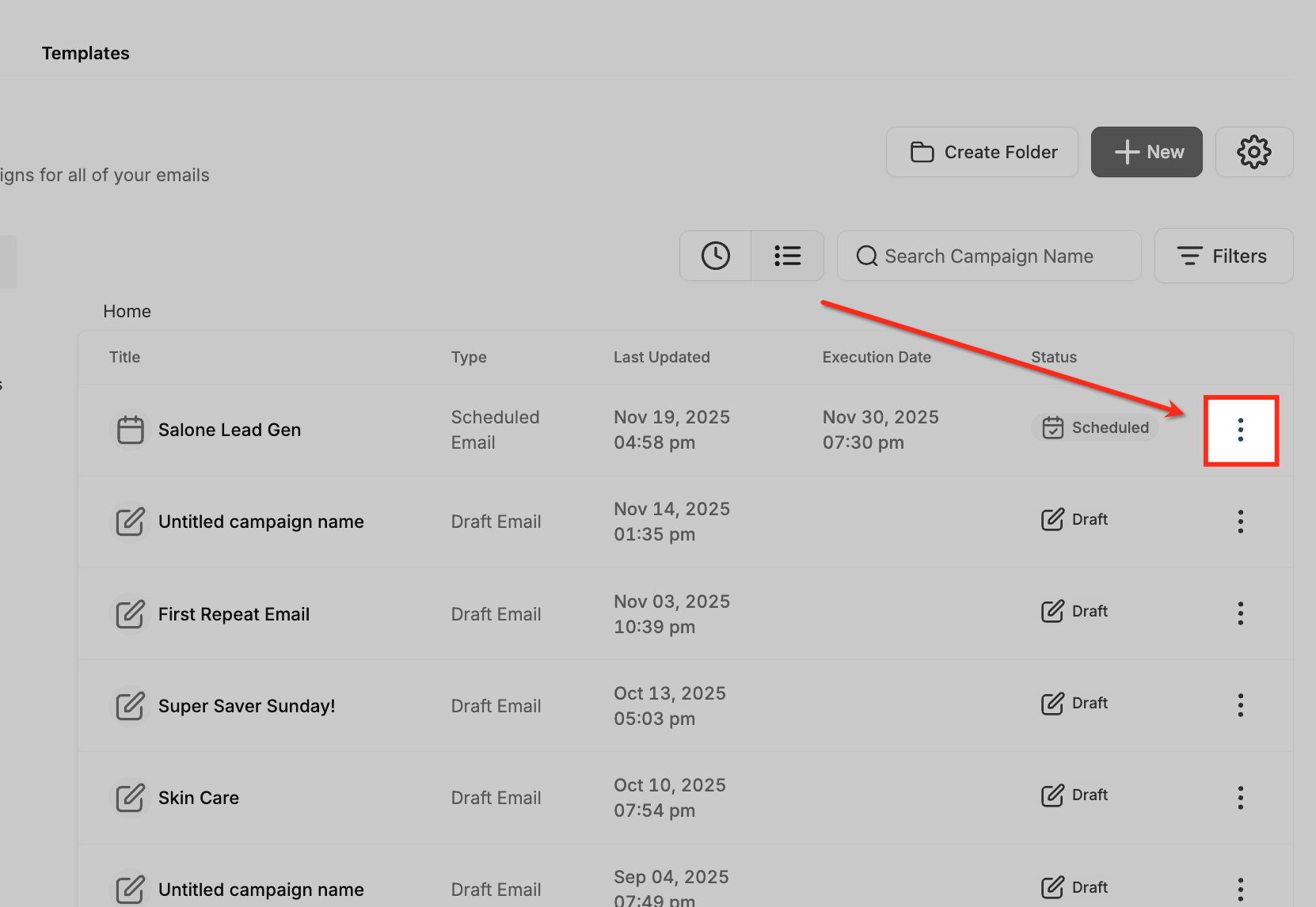 Email Campaigns page showing a scheduled campaign and its three-dot actions menu