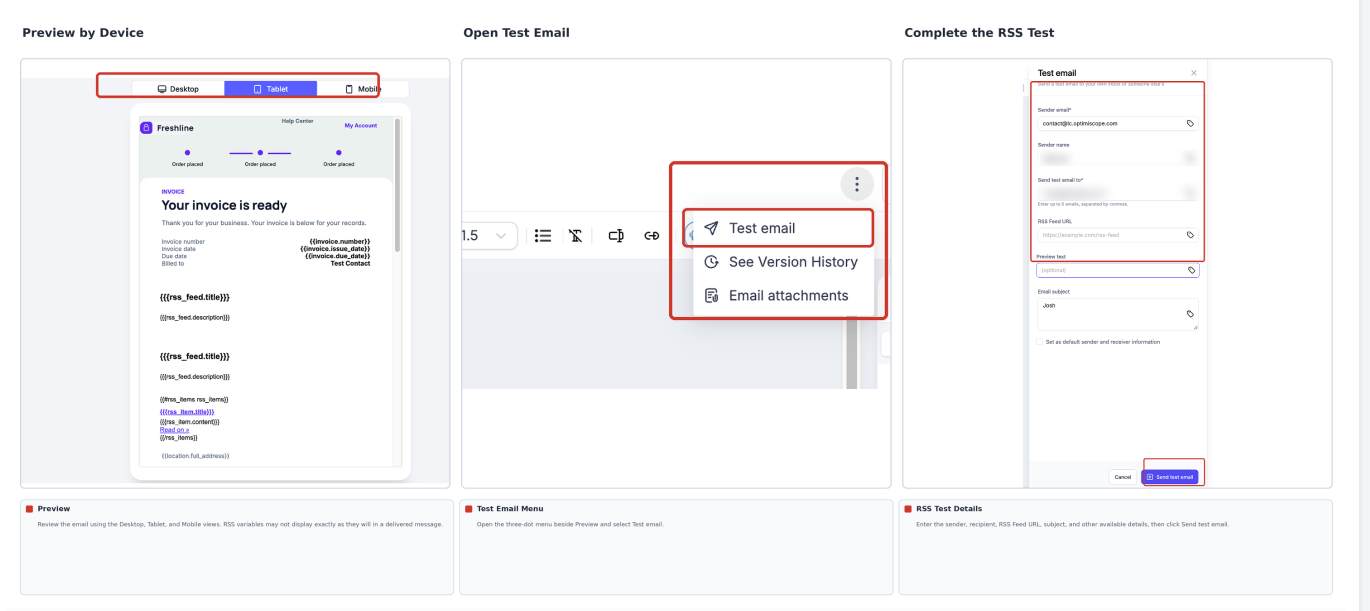 Email Builder showing device preview options, the Test Email menu, and RSS test email details
