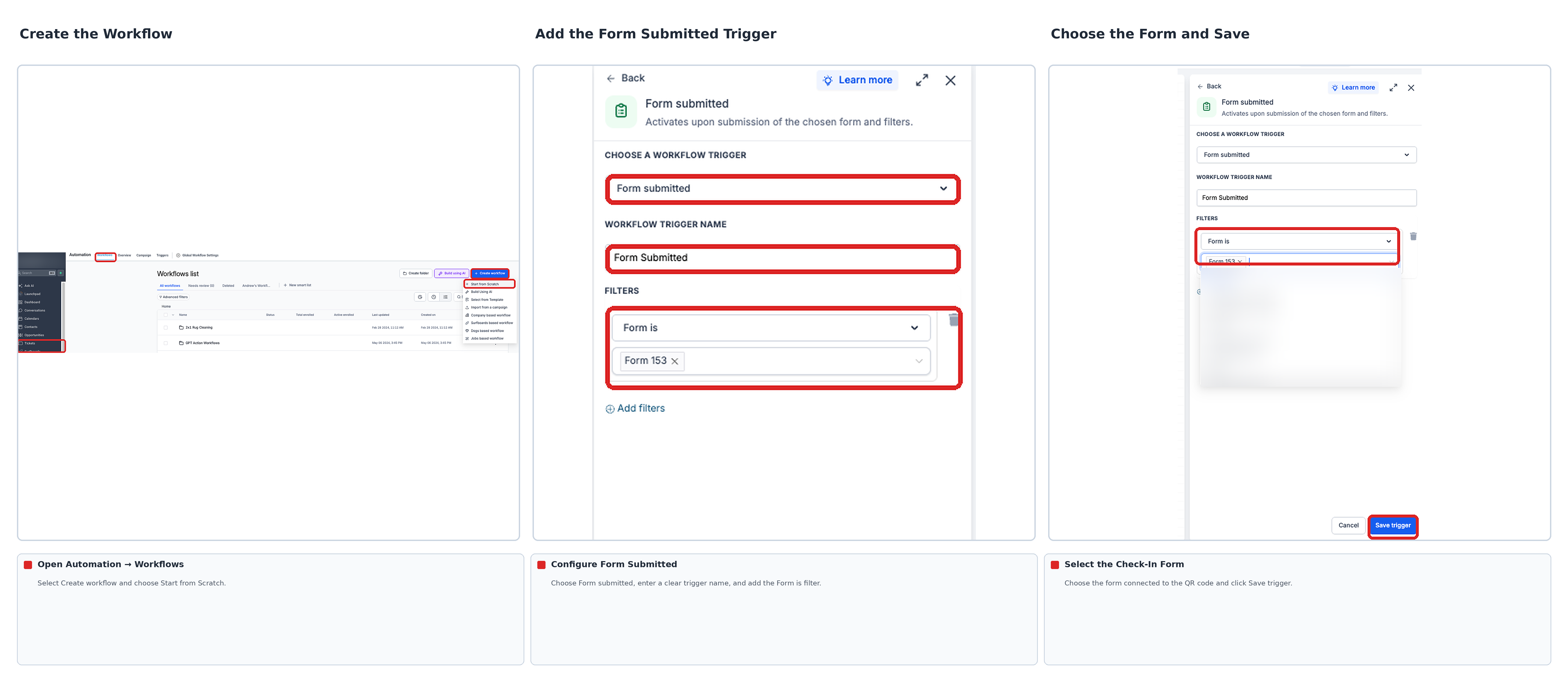Workflow setup showing workflow creation, the Form Submitted trigger, the Form Is filter, and selection of the check-in form