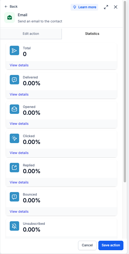 Send Email action showing the Statistics tab and email performance metrics
