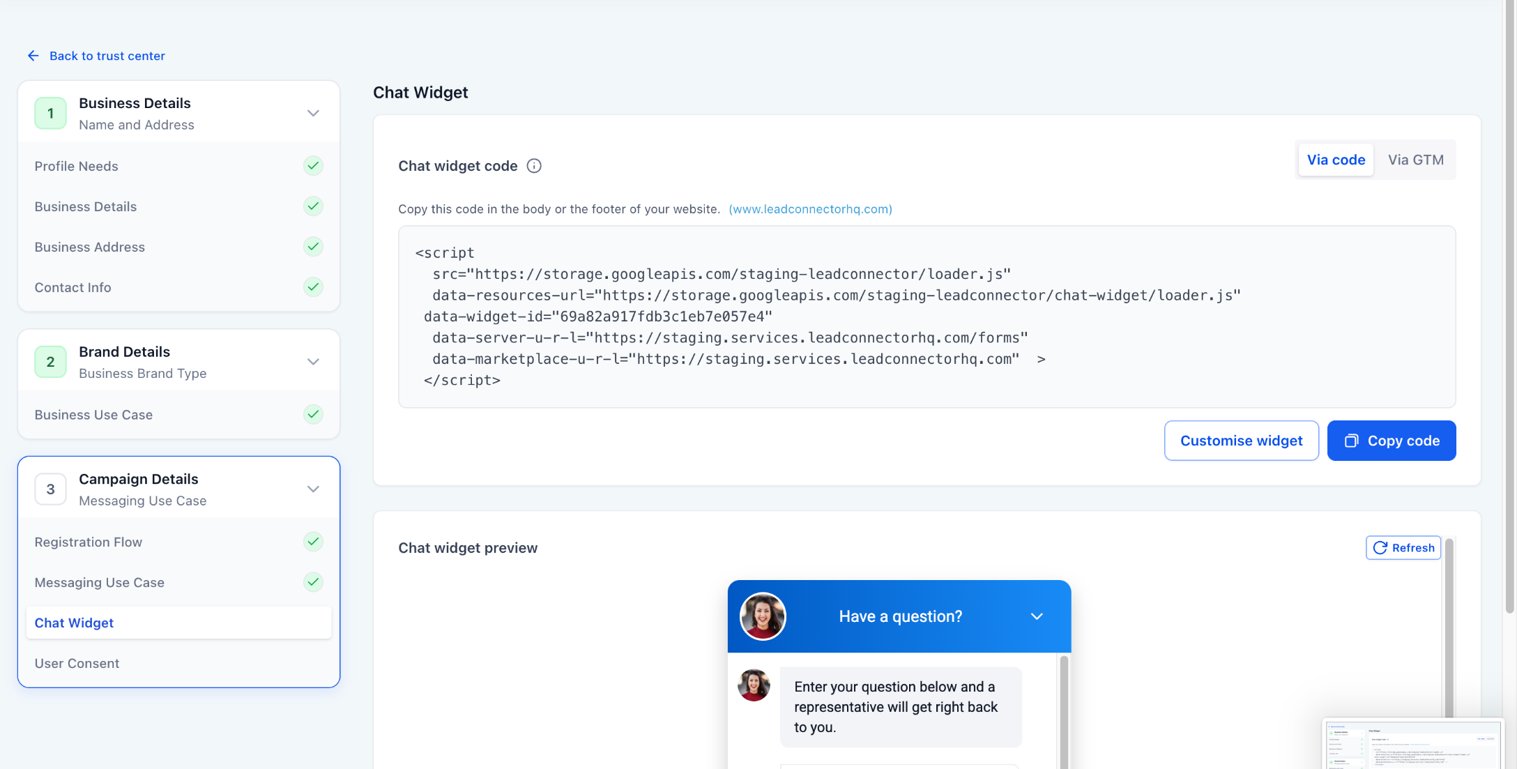 User consent screen with compliance checklist and sample message fields