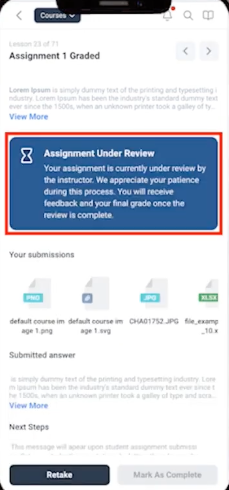 Mobile course assignment showing the Assignment Under Review status and previously submitted work
