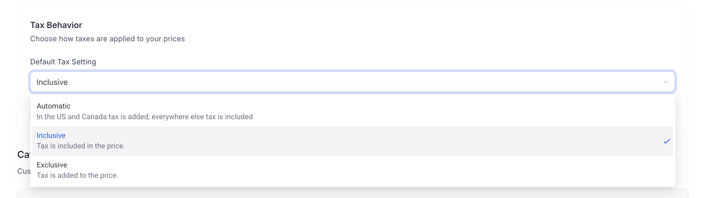 SaaS automatic tax settings showing available tax behavior options
