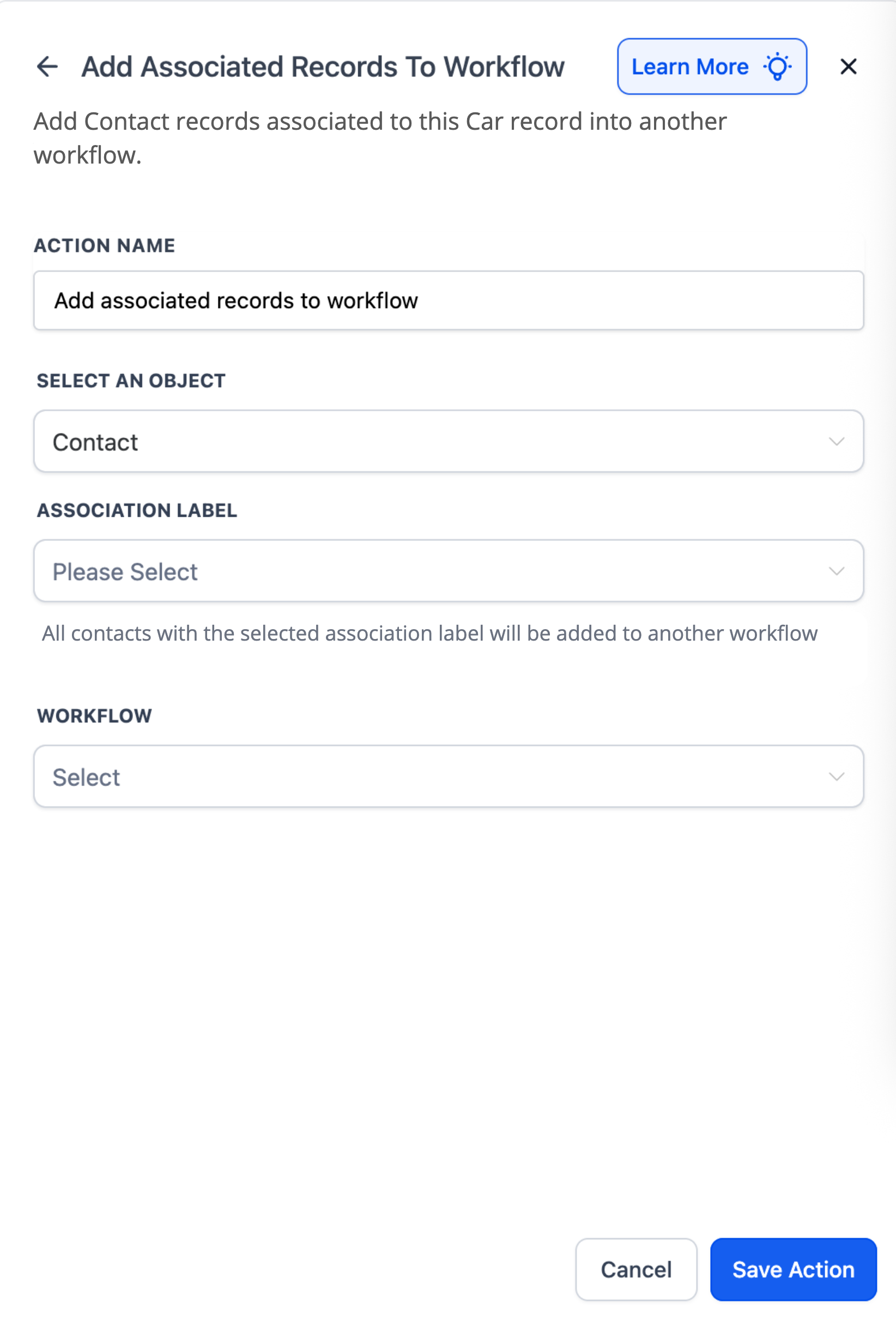 Add Associated Records to Workflow action showing object association label and workflow fields