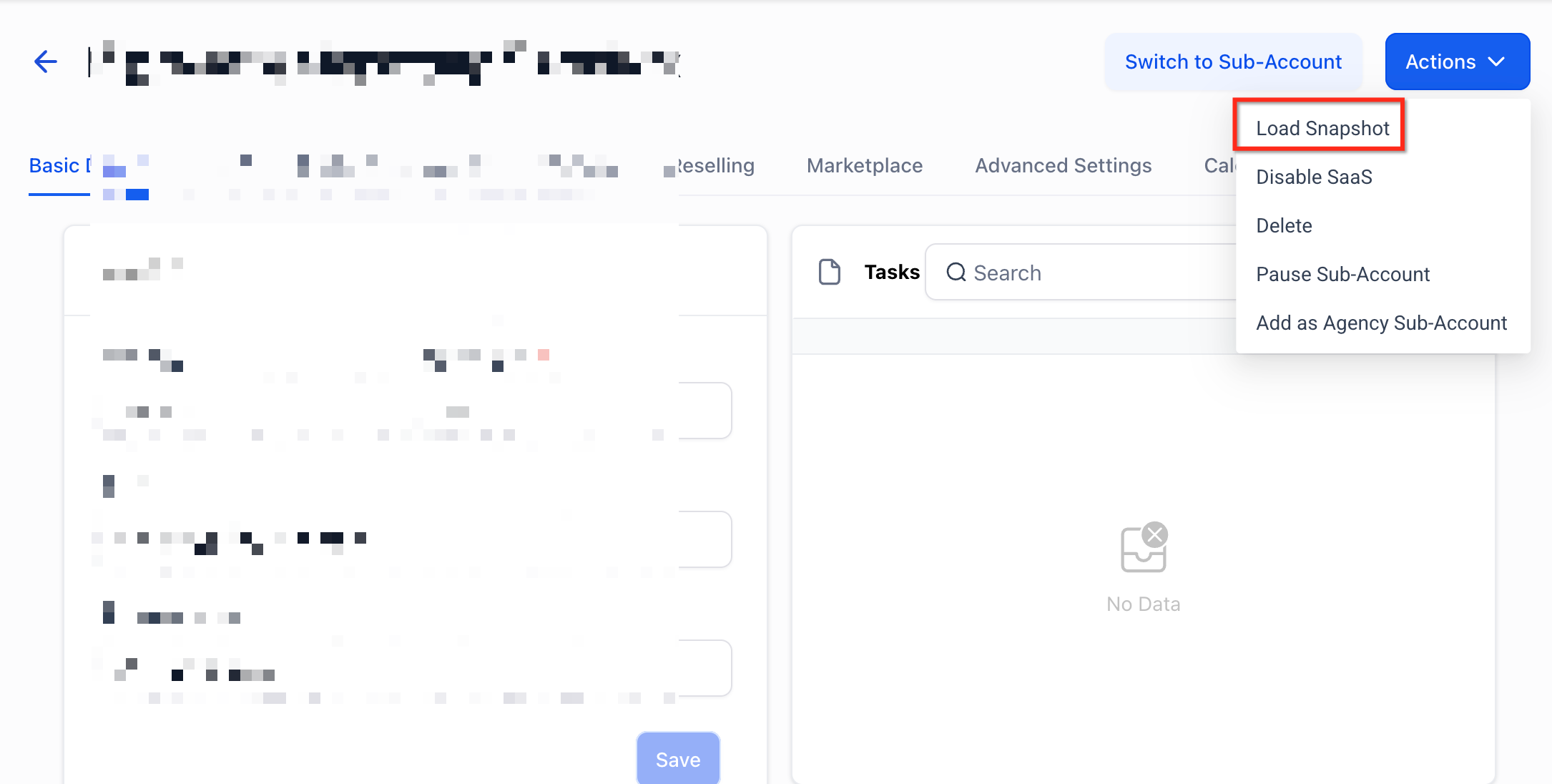 Actions menu showing the Load Snapshot option