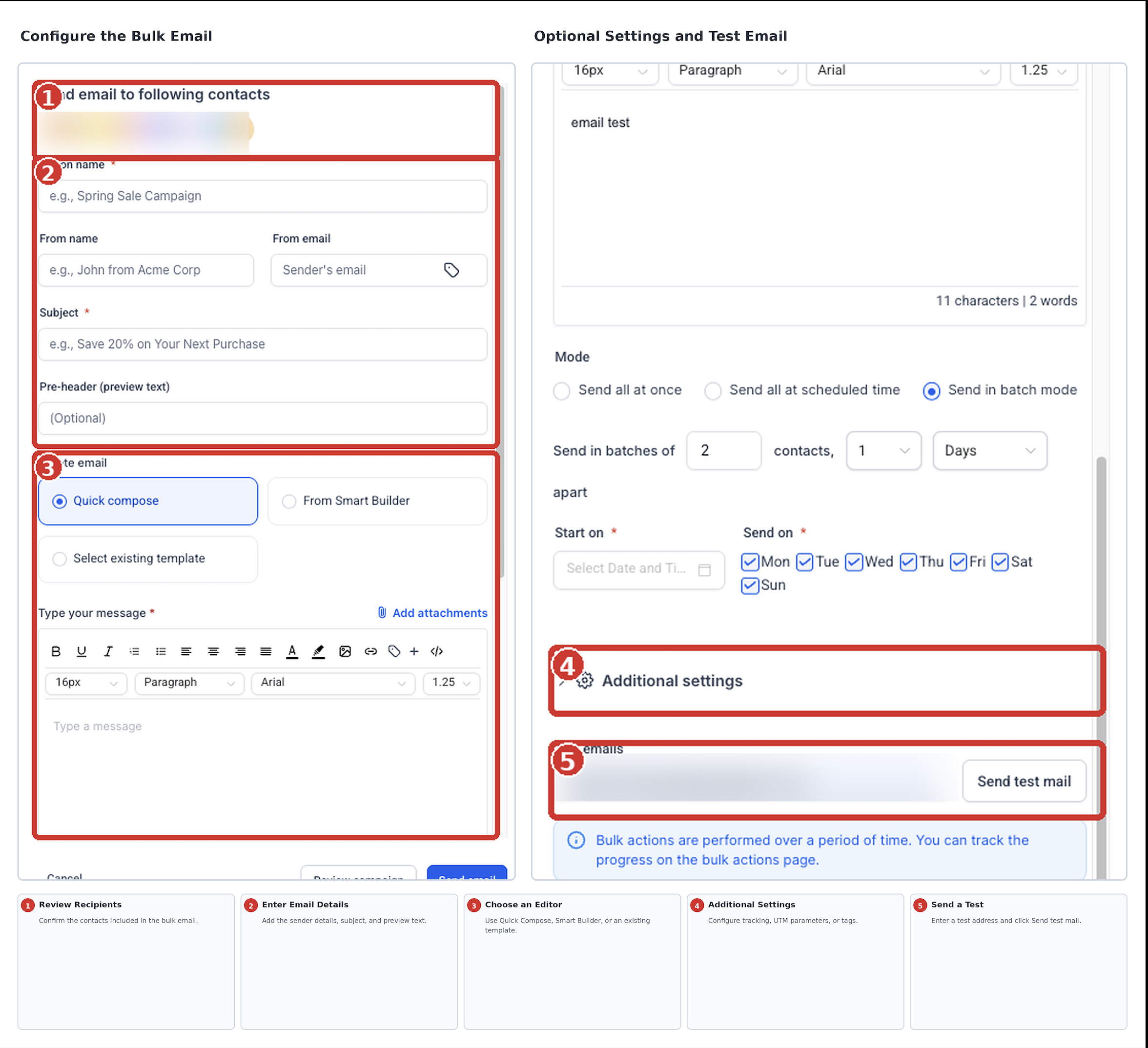 Bulk Email Builder showing sender details, email creation options, additional settings, delivery controls, and test email