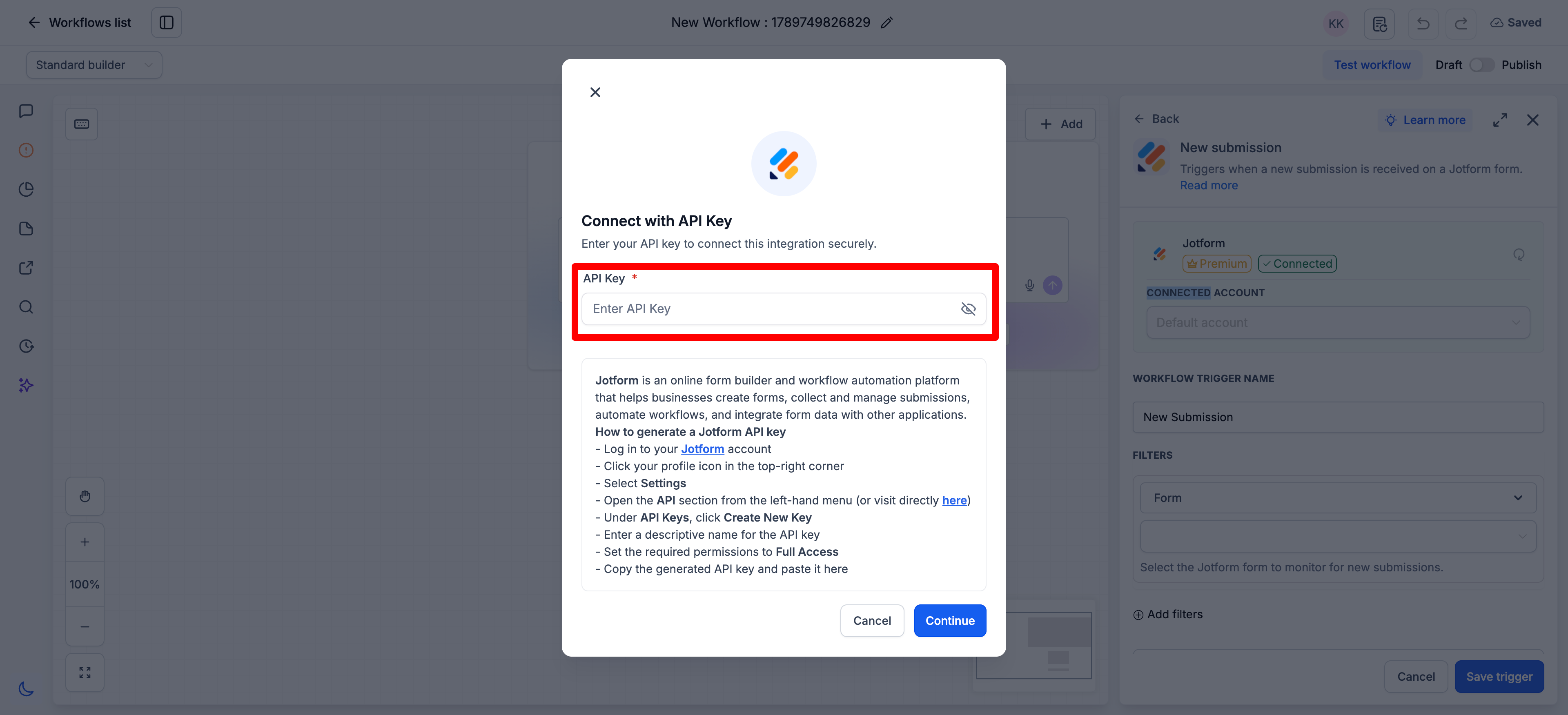 Jotform connection flow showing the account connection and API key setup