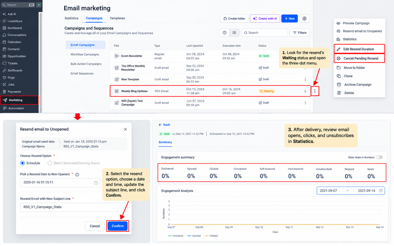 Campaign list showing a Waiting resend status, Edit Resend Duration and Cancel Pending Resend actions, and email engagement statistics