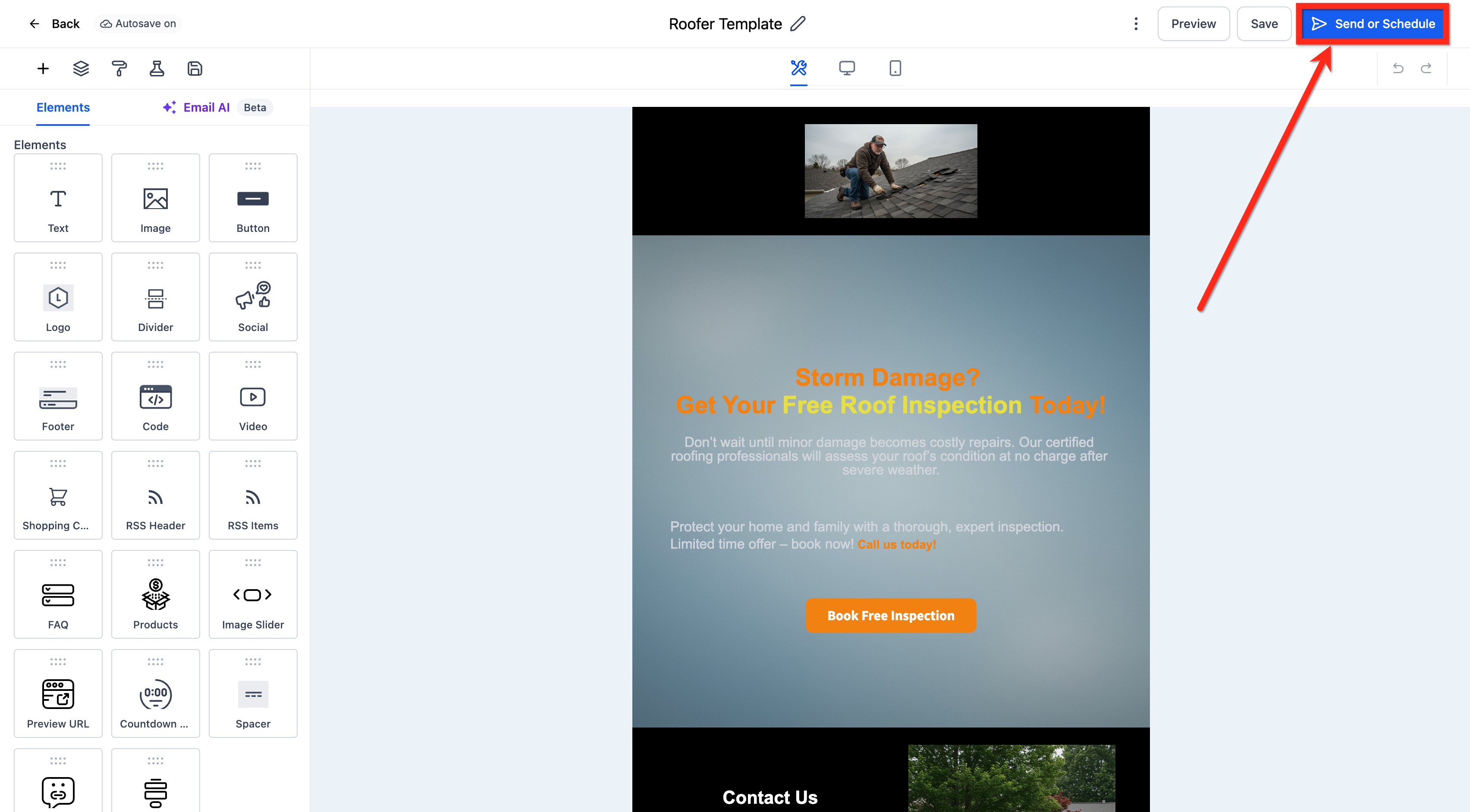 Email Builder showing the Send or Schedule option