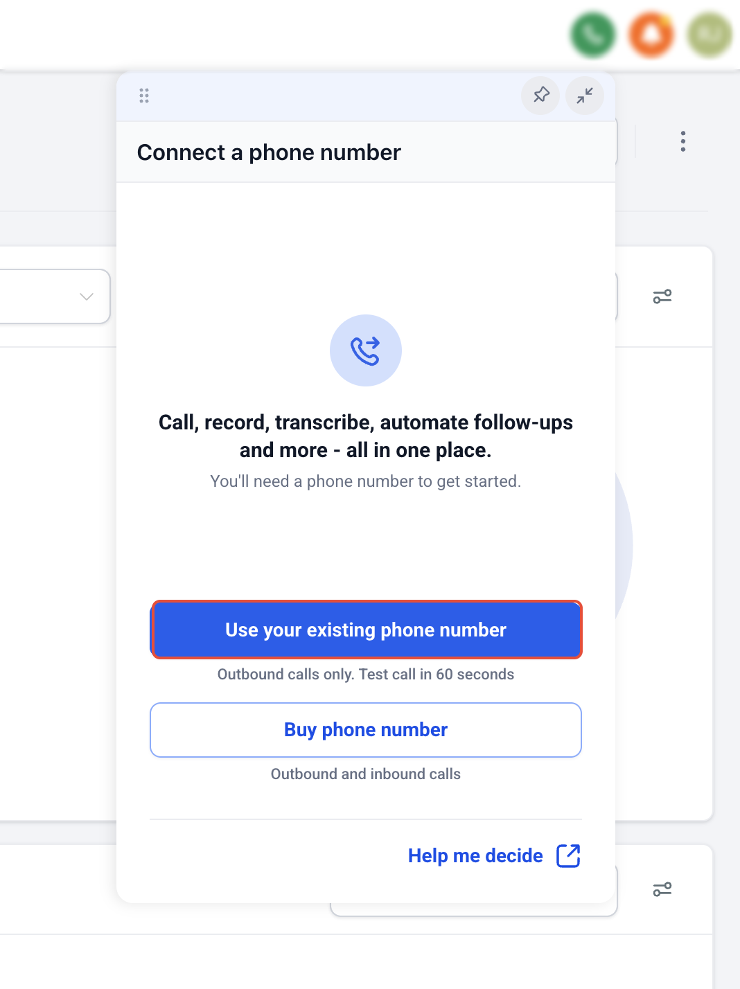 Option to use an existing phone number