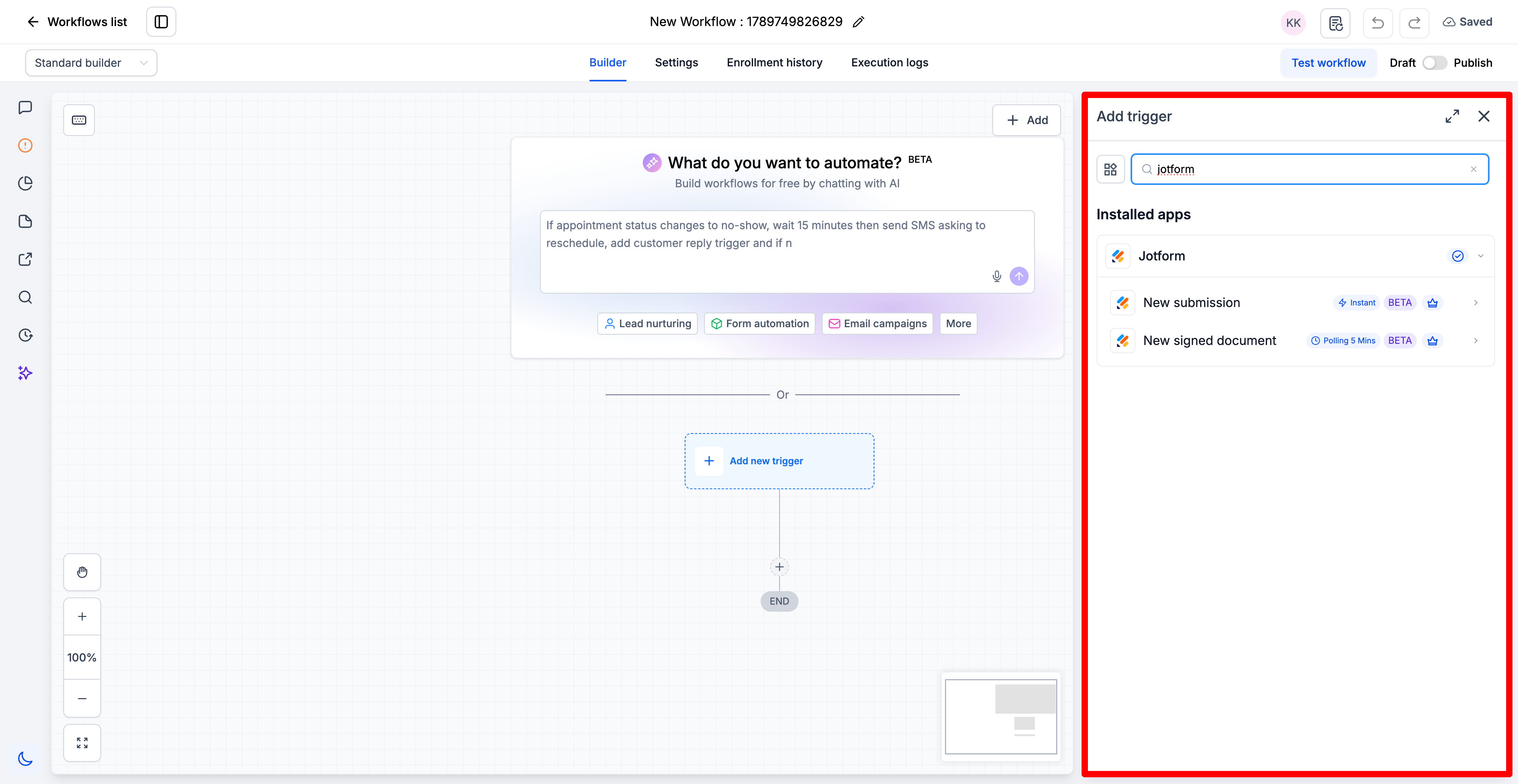 Workflow Builder showing Jotform triggers and actions in search results