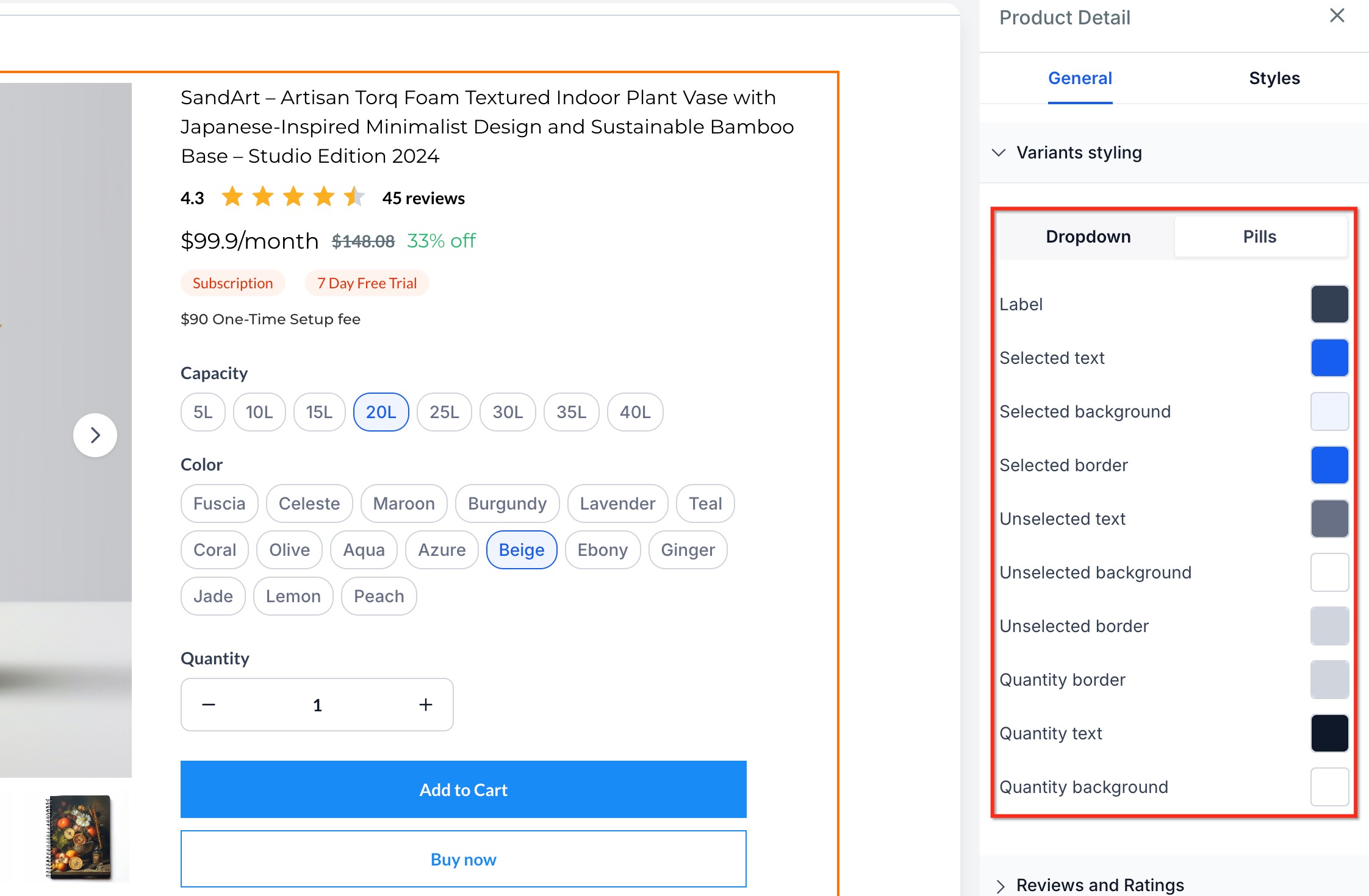 Pills product selector style on a Product Details Page