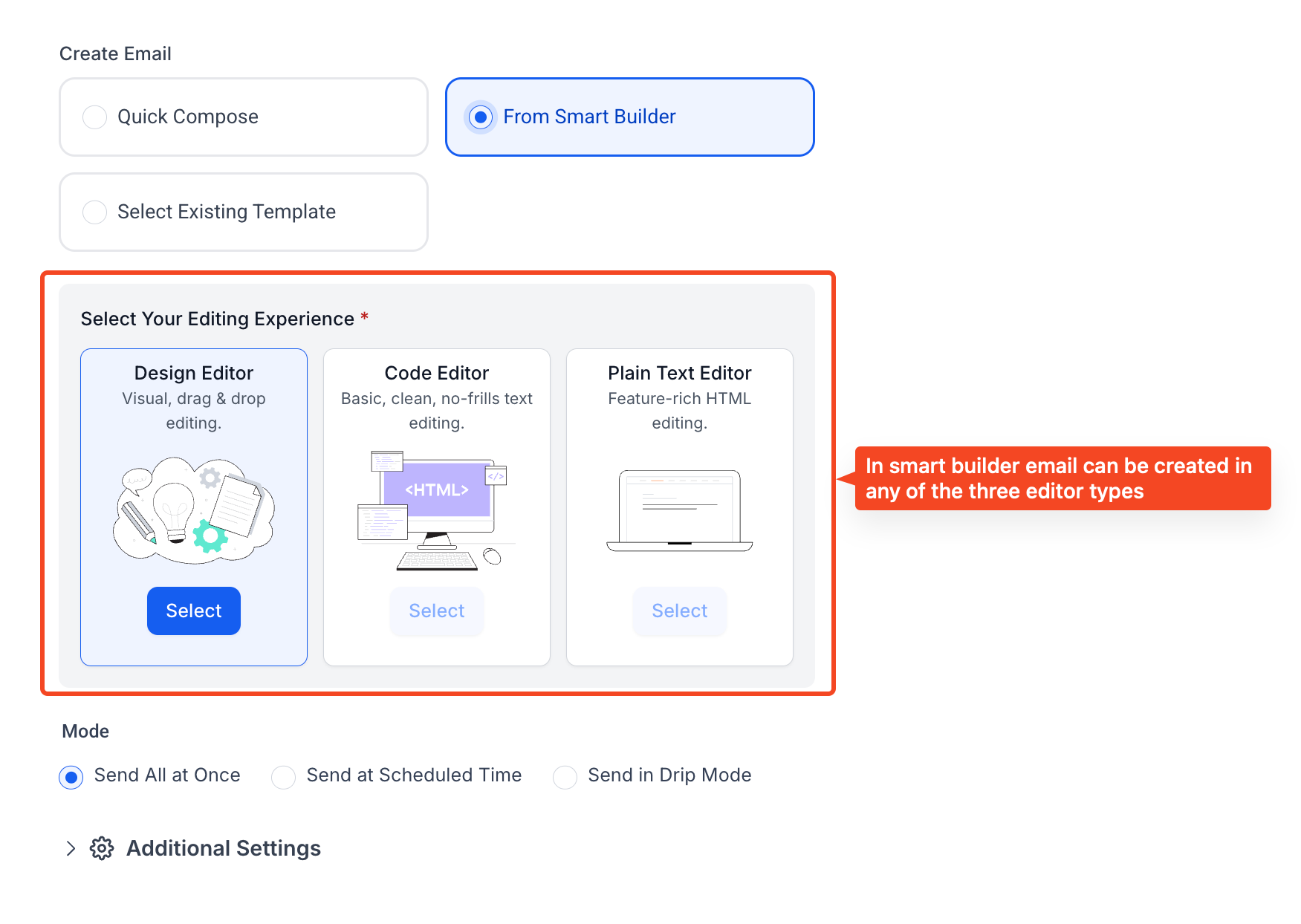 Bulk Email Builder showing Smart Builder editing options and sending controls
