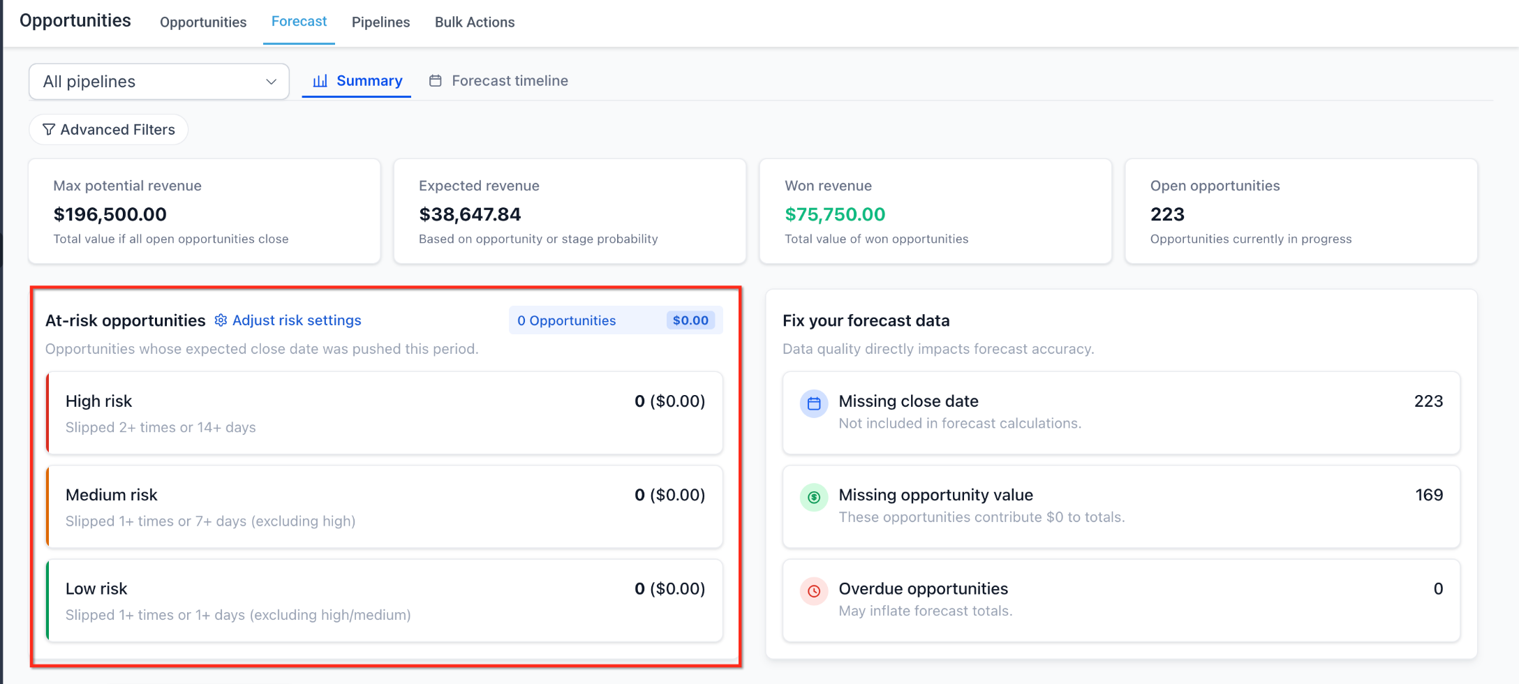 Opportunity Forecasting risk settings and configurable thresholds