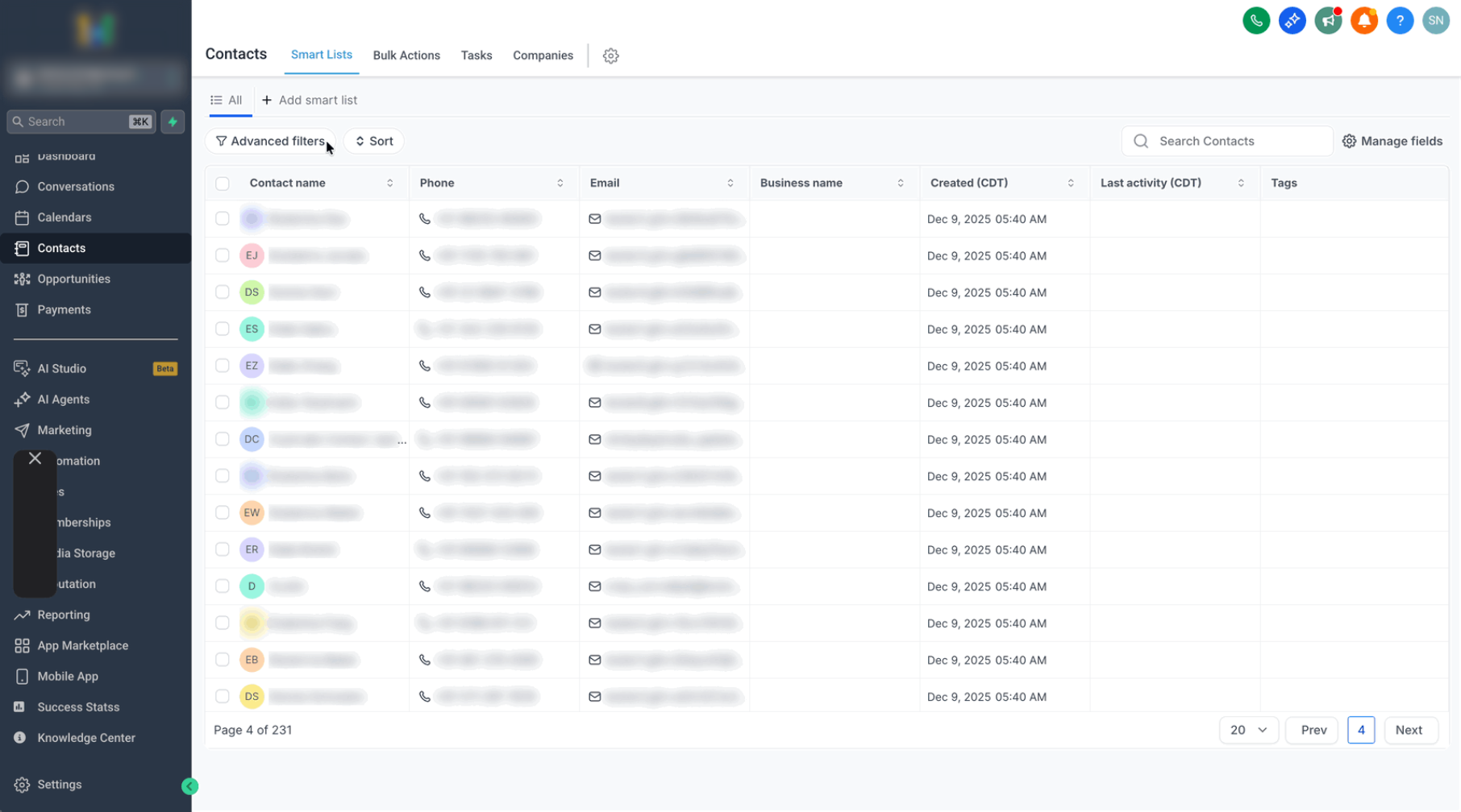 Advanced Filters configured to narrow a contact list by tag