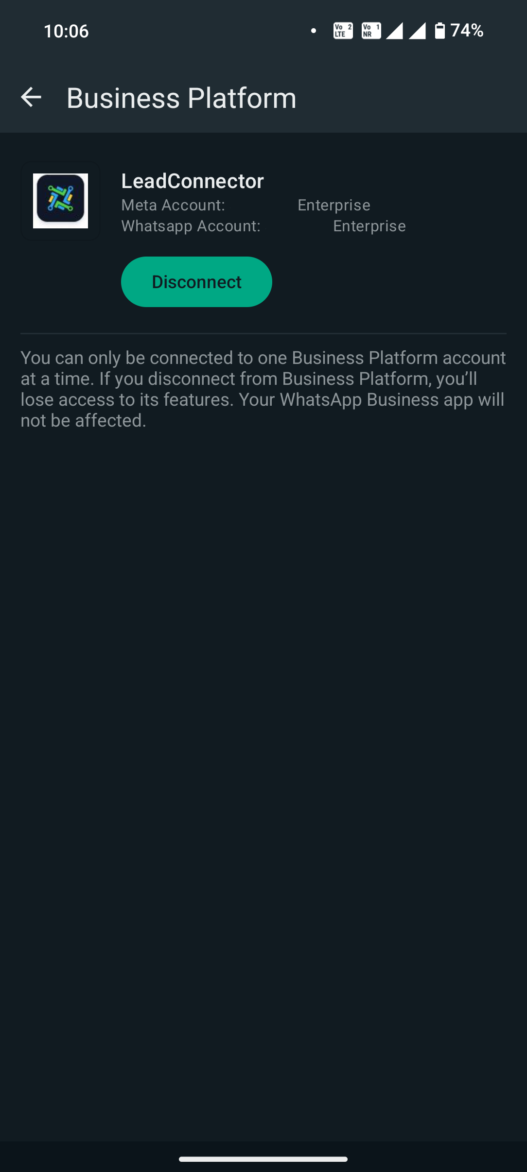 Business Platform settings in the WhatsApp Business App