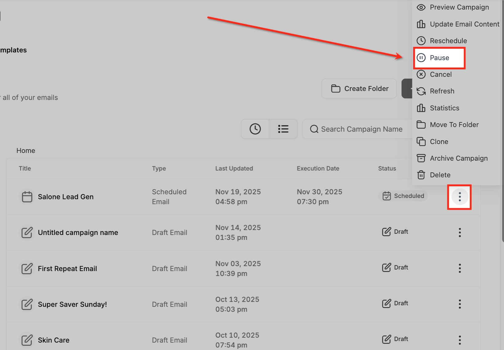 Campaign actions menu showing an available Pause, Resume, or Cancel option