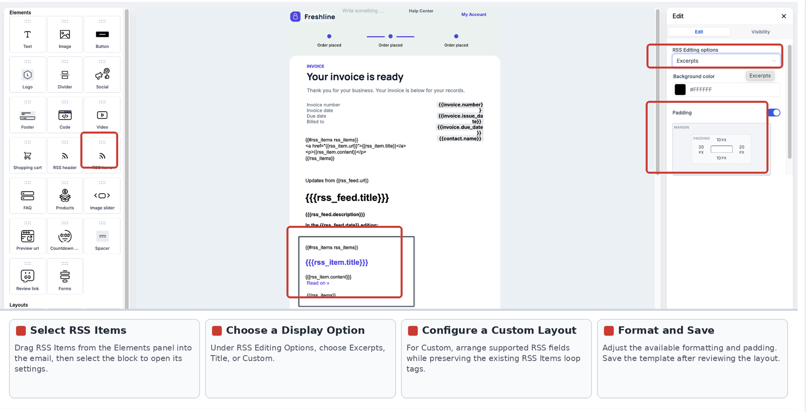 Email Builder showing RSS Items display options, formatting settings, and an excerpt-style preview