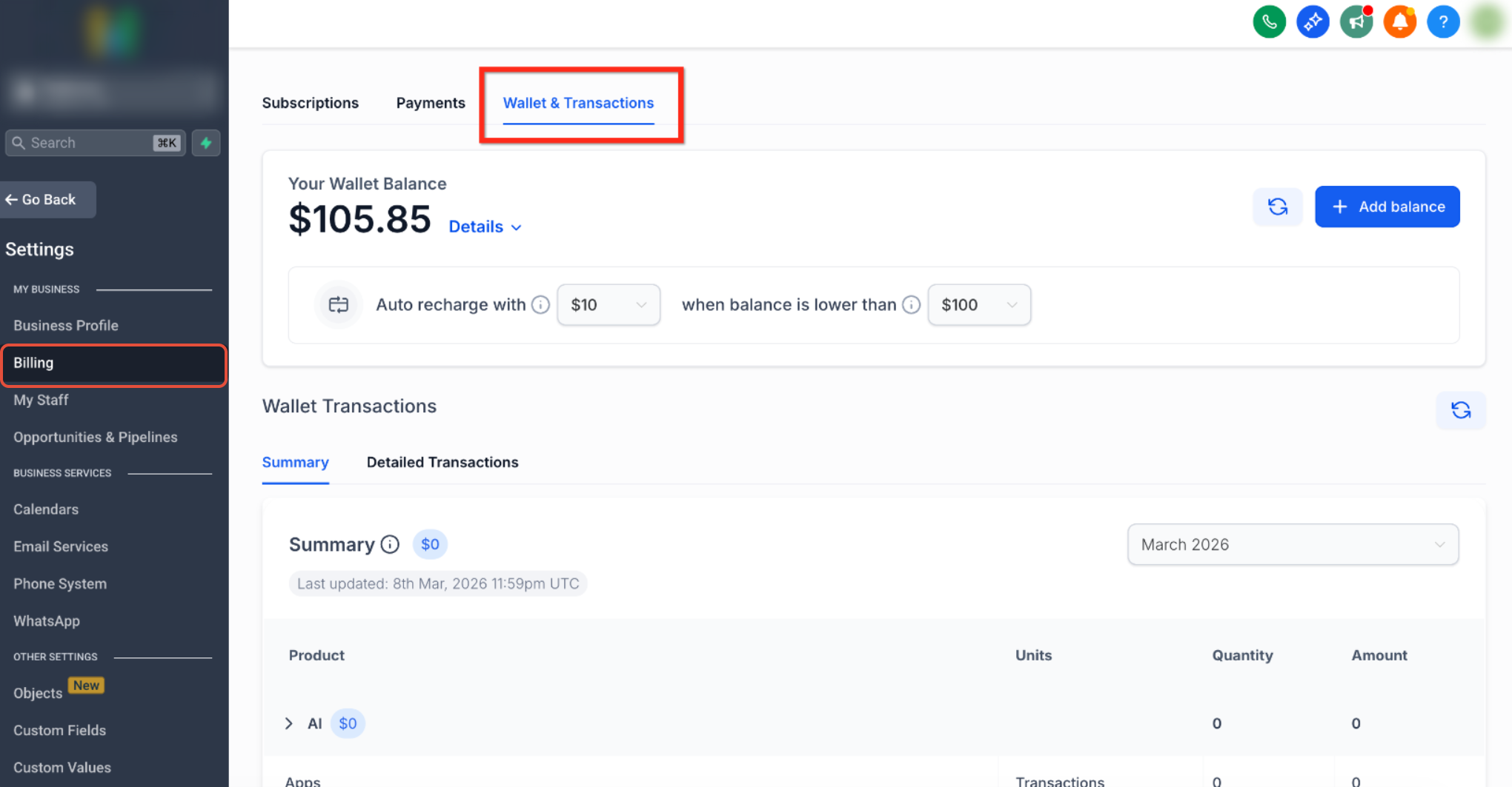 Charges and transaction history