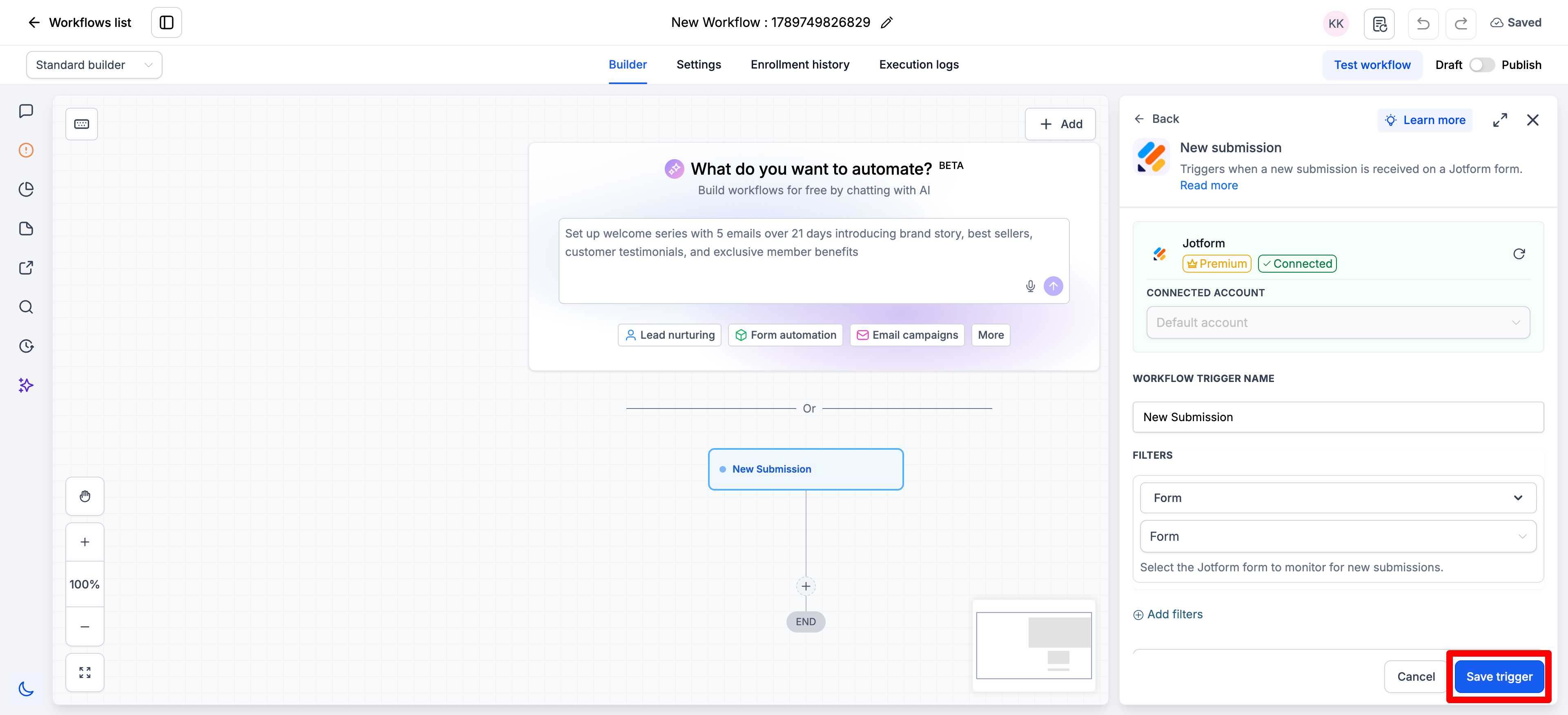 Jotform workflow trigger configuration showing the selected form and Test Trigger control