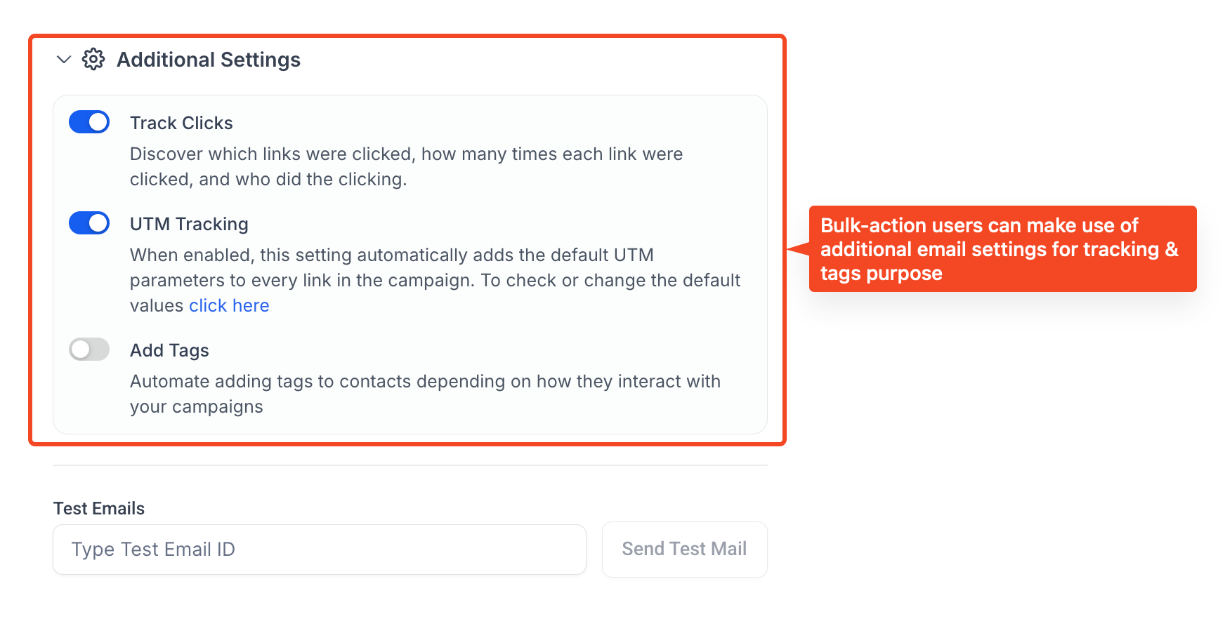 Additional Settings in the Bulk Email Builder showing click tracking, UTM tracking, and contact tagging