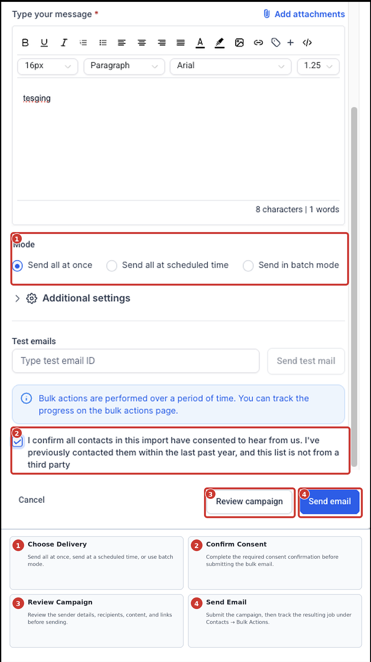 Bulk Email Builder showing delivery selection, consent confirmation, Review Campaign, and Send Email