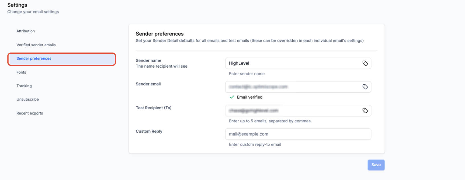 Sender Preferences form showing sender and test-recipient fields
