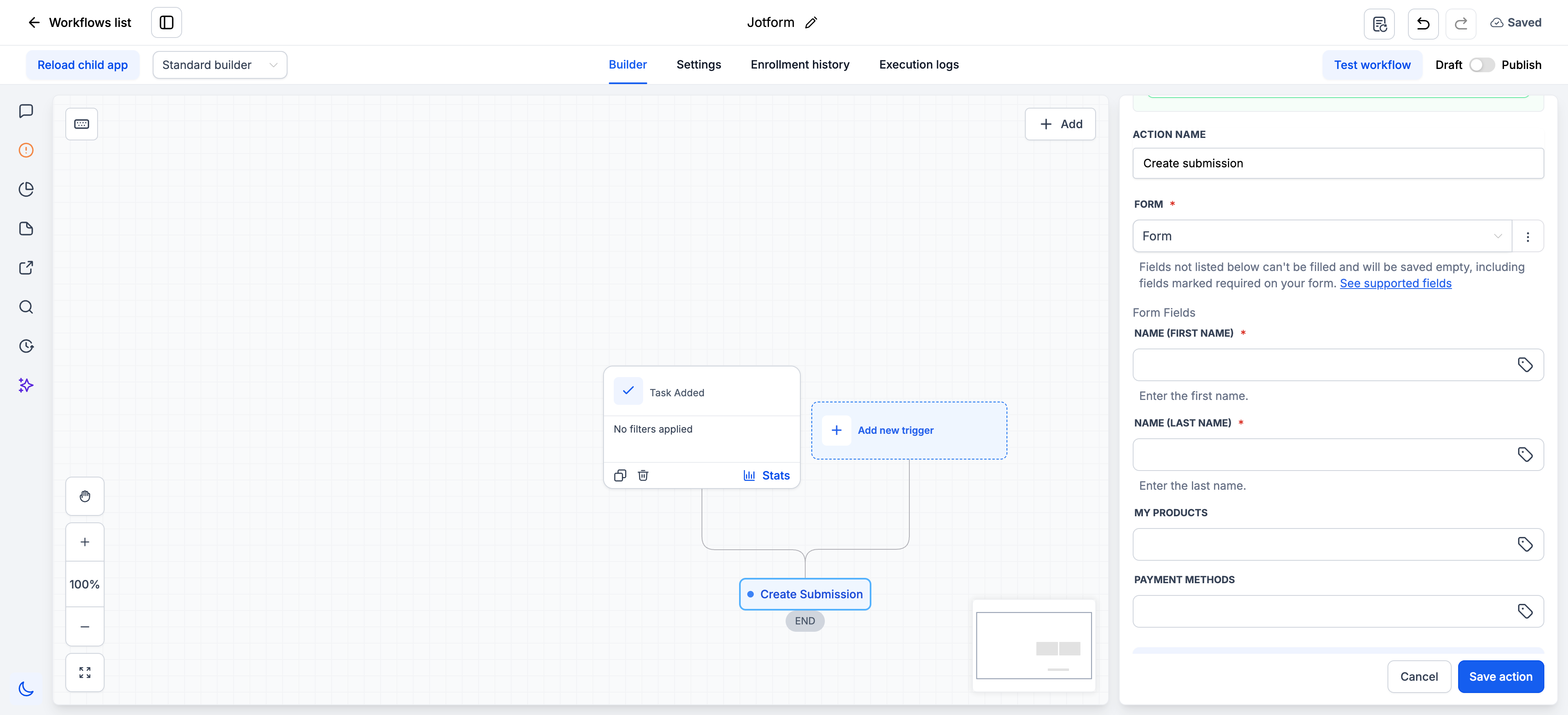 Jotform Create Submission action showing supported form fields available for workflow mapping