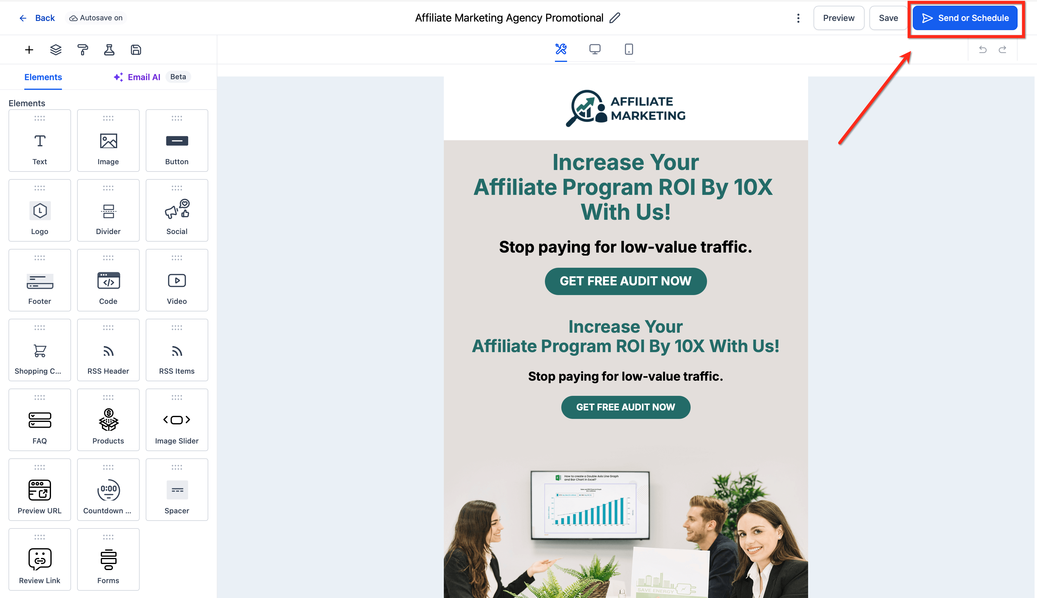 Email Builder showing the Send or Schedule option