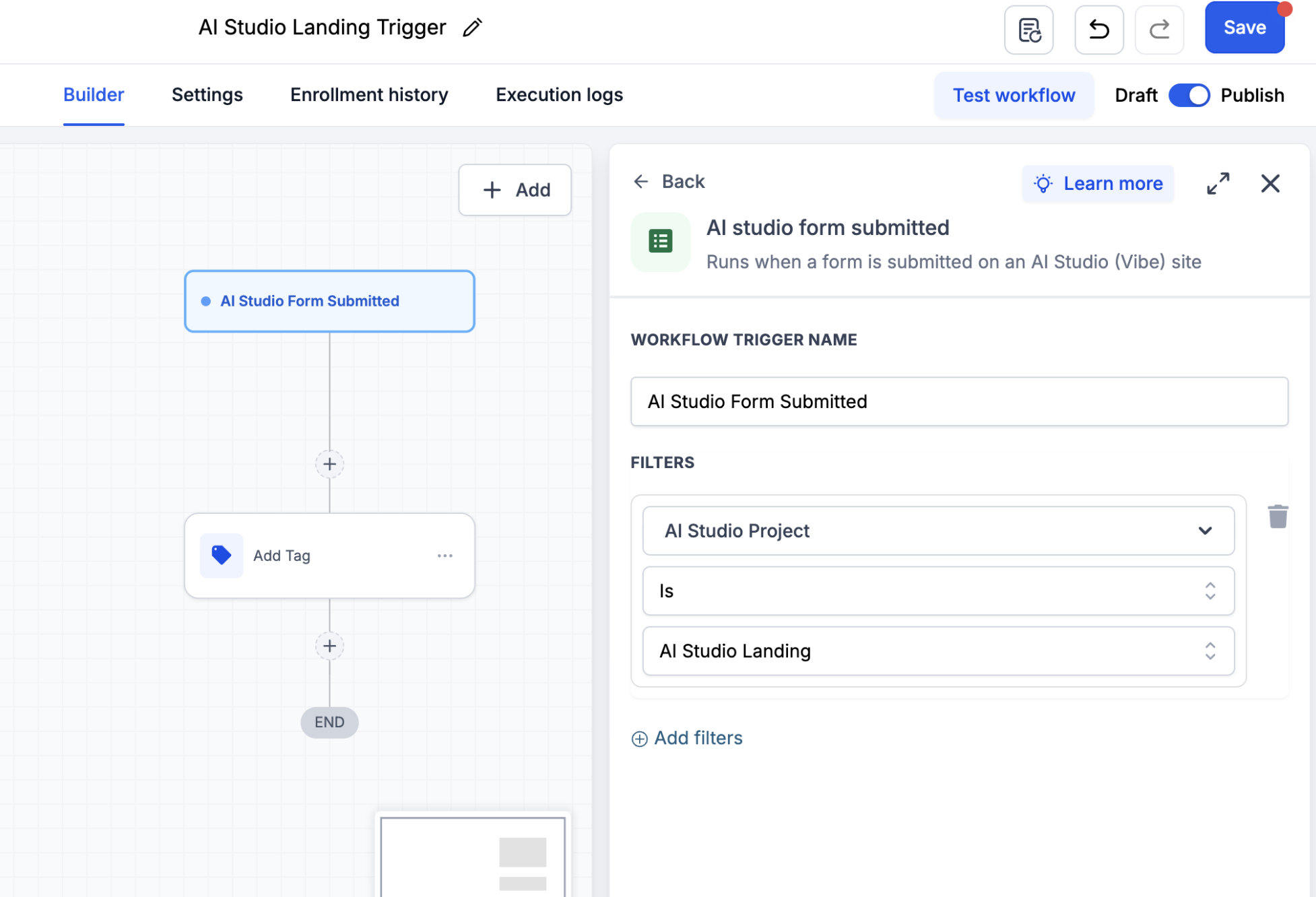 Selecting AI Studio Form Submitted in the workflow trigger list