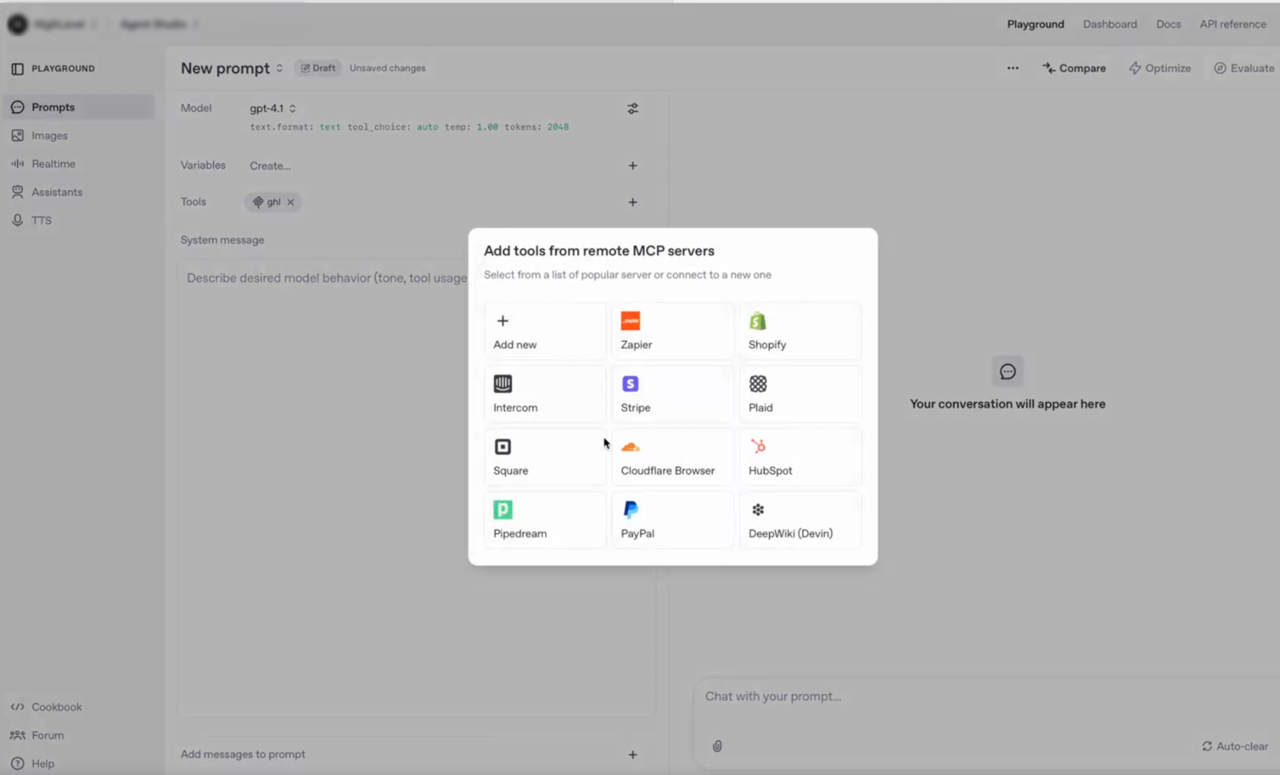 Selecting tools after connecting an MCP server