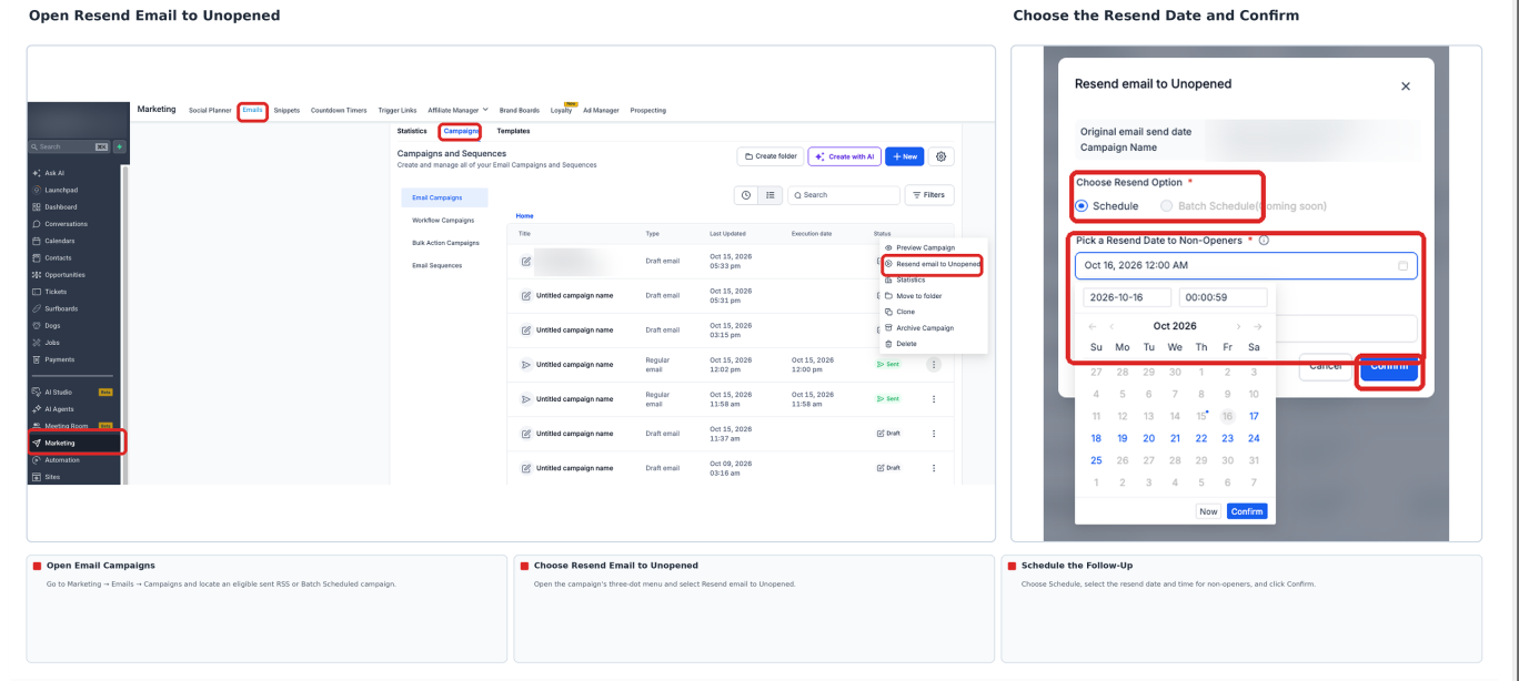 Email Campaigns page showing the Resend email to Unopened action and the resend scheduling dialog