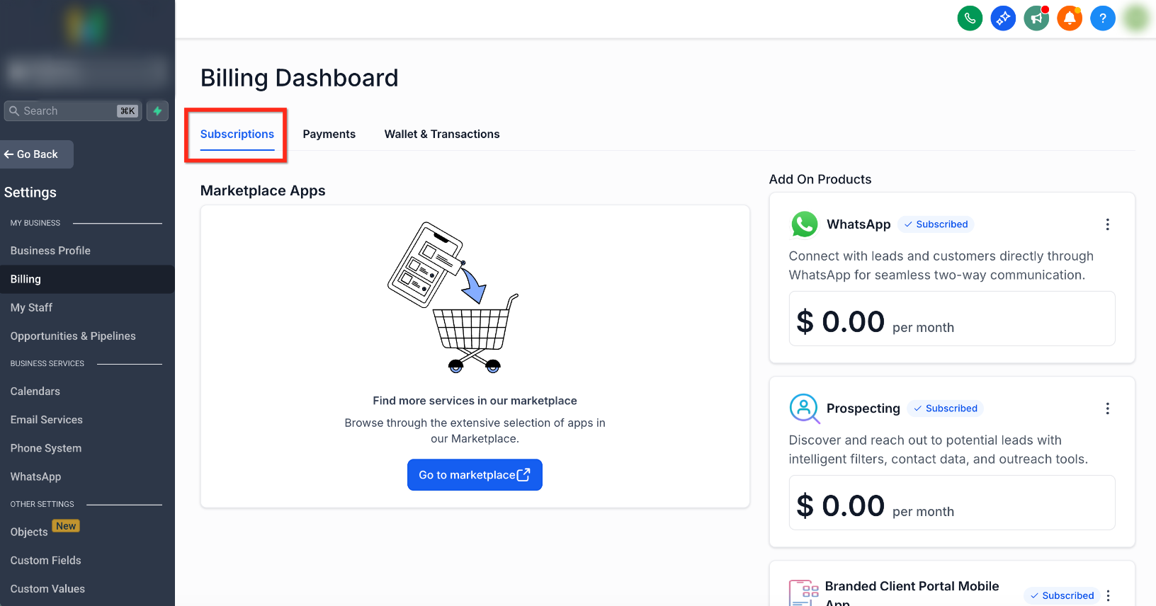 Subscriptions in the Billing Dashboard