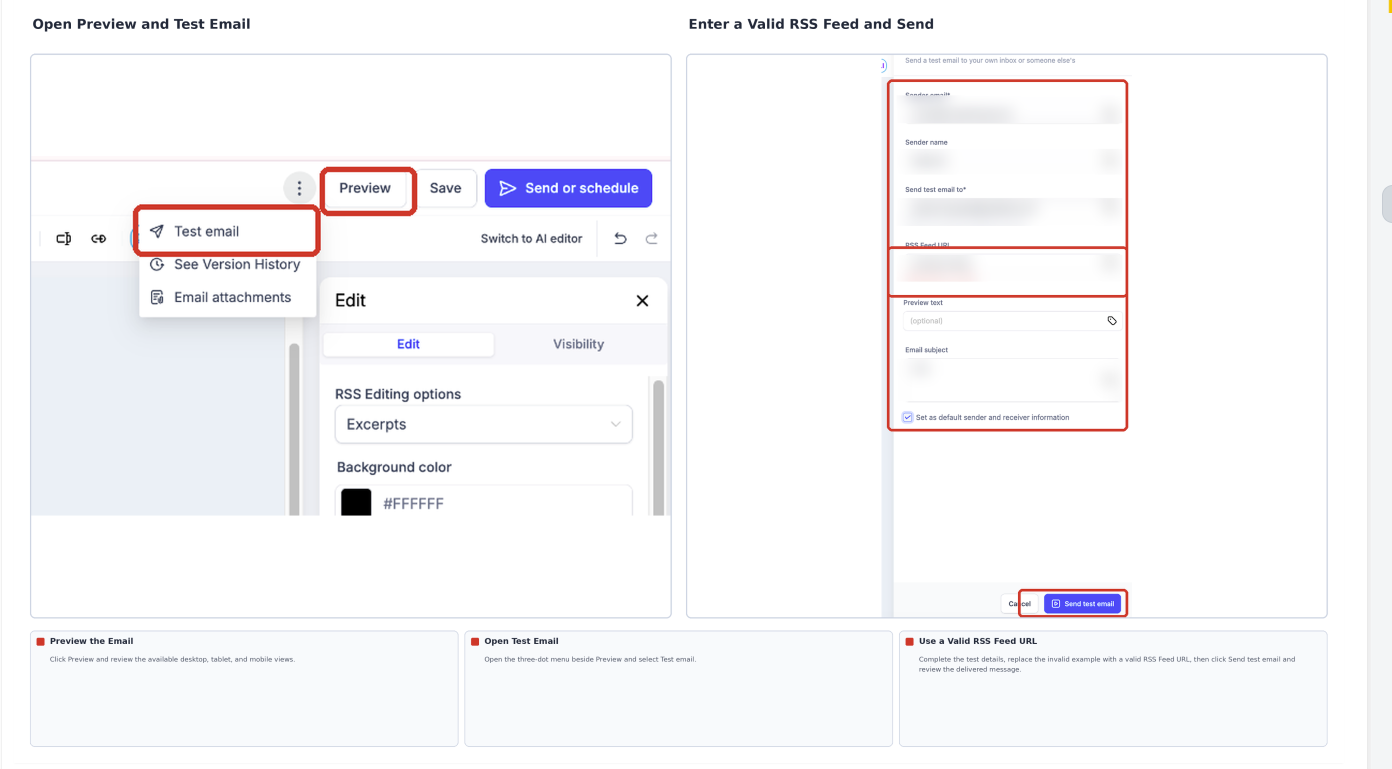 Email Builder showing Preview, the Test Email menu, and the RSS Feed URL field in test email settings