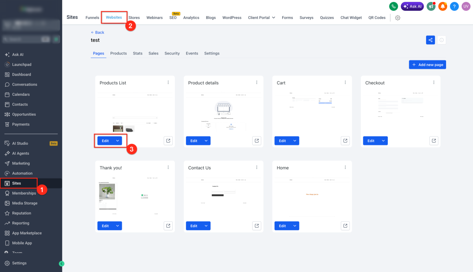 Opening a funnel or website from the Sites area