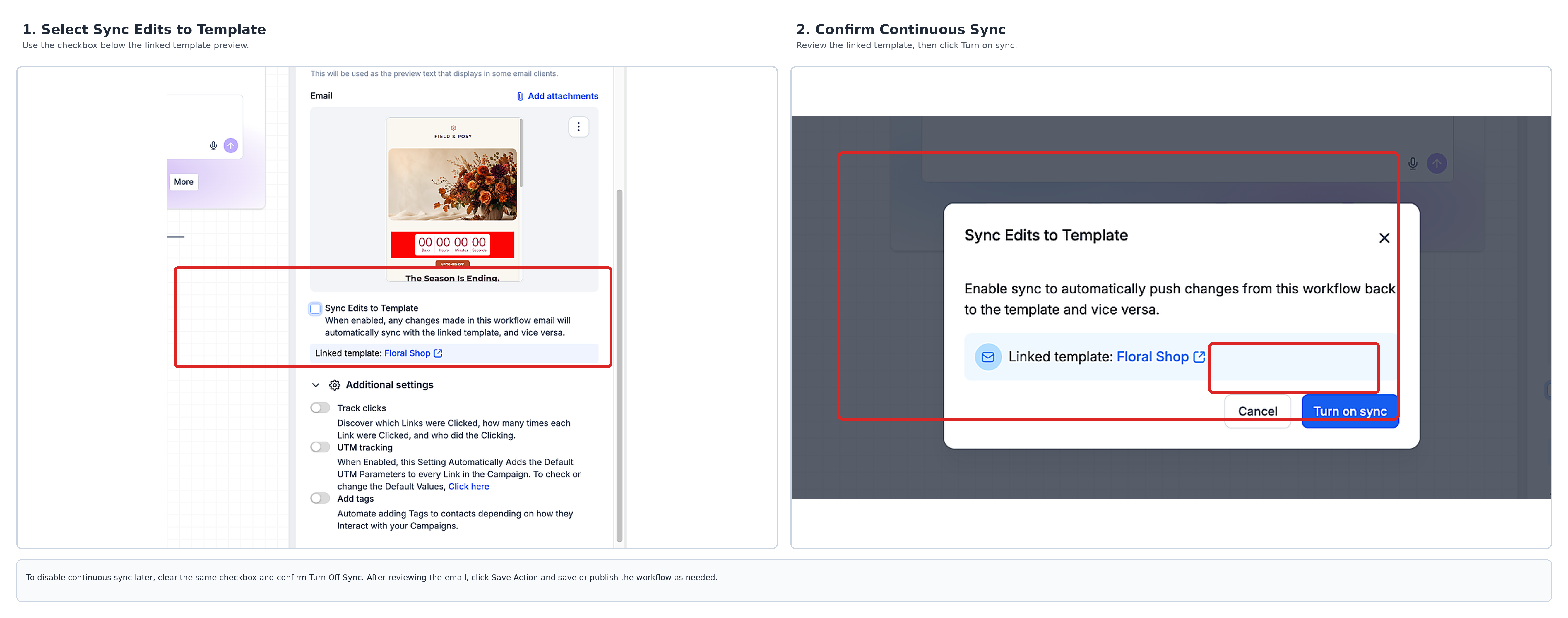 Sync Edits to Template setting in the Send Email workflow action